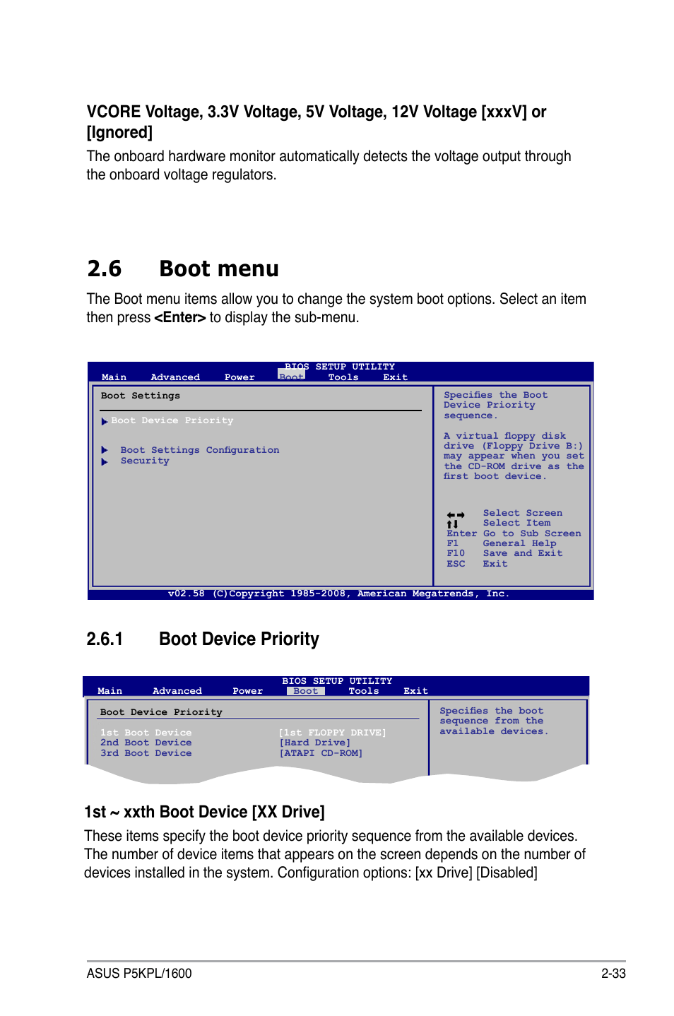 6 boot menu, 1 boot device priority, 1st ~ xxth boot device [xx drive | Asus P5KPL/1600 User Manual | Page 79 / 104