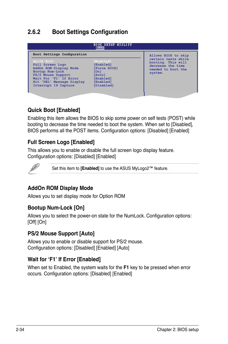 2 boot settings configuration, Quick boot [enabled, Full screen logo [enabled | Addon rom display mode, Bootup num-lock [on, Ps/2 mouse support [auto, Wait for ‘f1’ if error [enabled, Allows you to set display mode for option rom | Asus P5KPL/1600 User Manual | Page 80 / 104