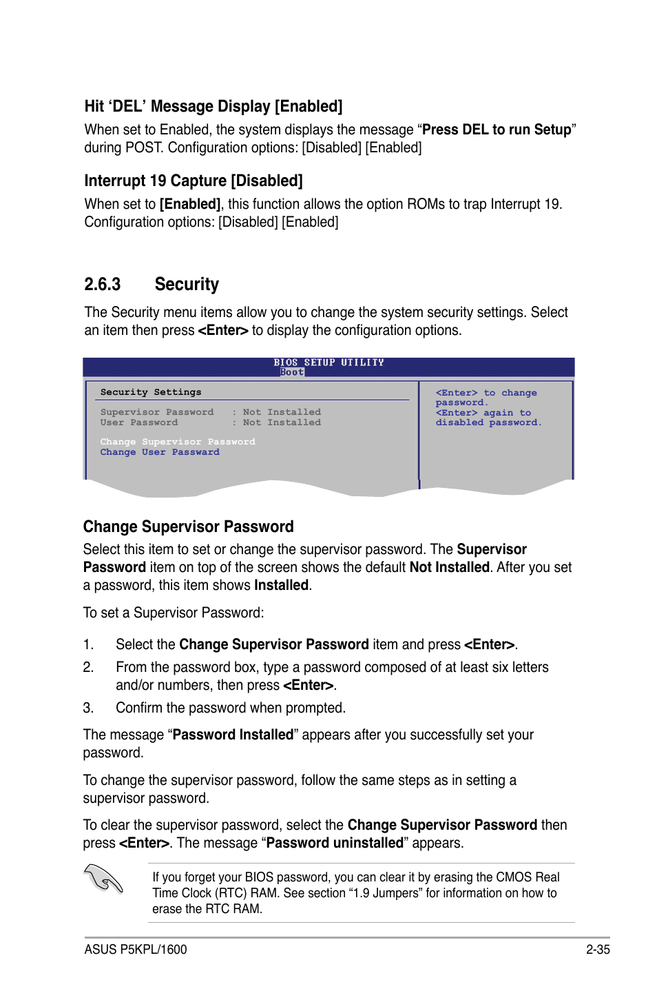 3 security, Hit ‘del’ message display [enabled, Interrupt 19 capture [disabled | Change supervisor password | Asus P5KPL/1600 User Manual | Page 81 / 104