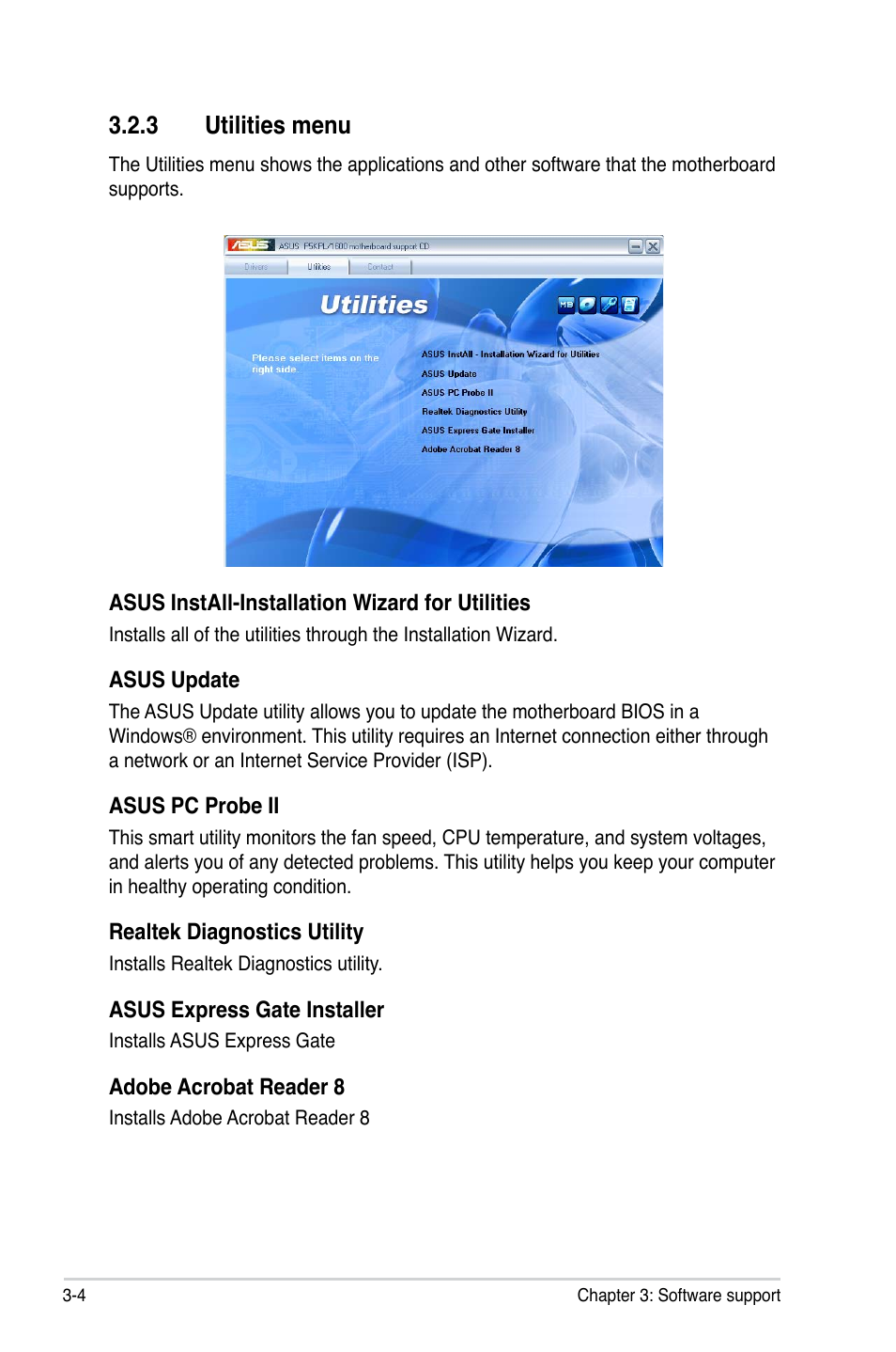 3 utilities menu | Asus P5KPL/1600 User Manual | Page 90 / 104