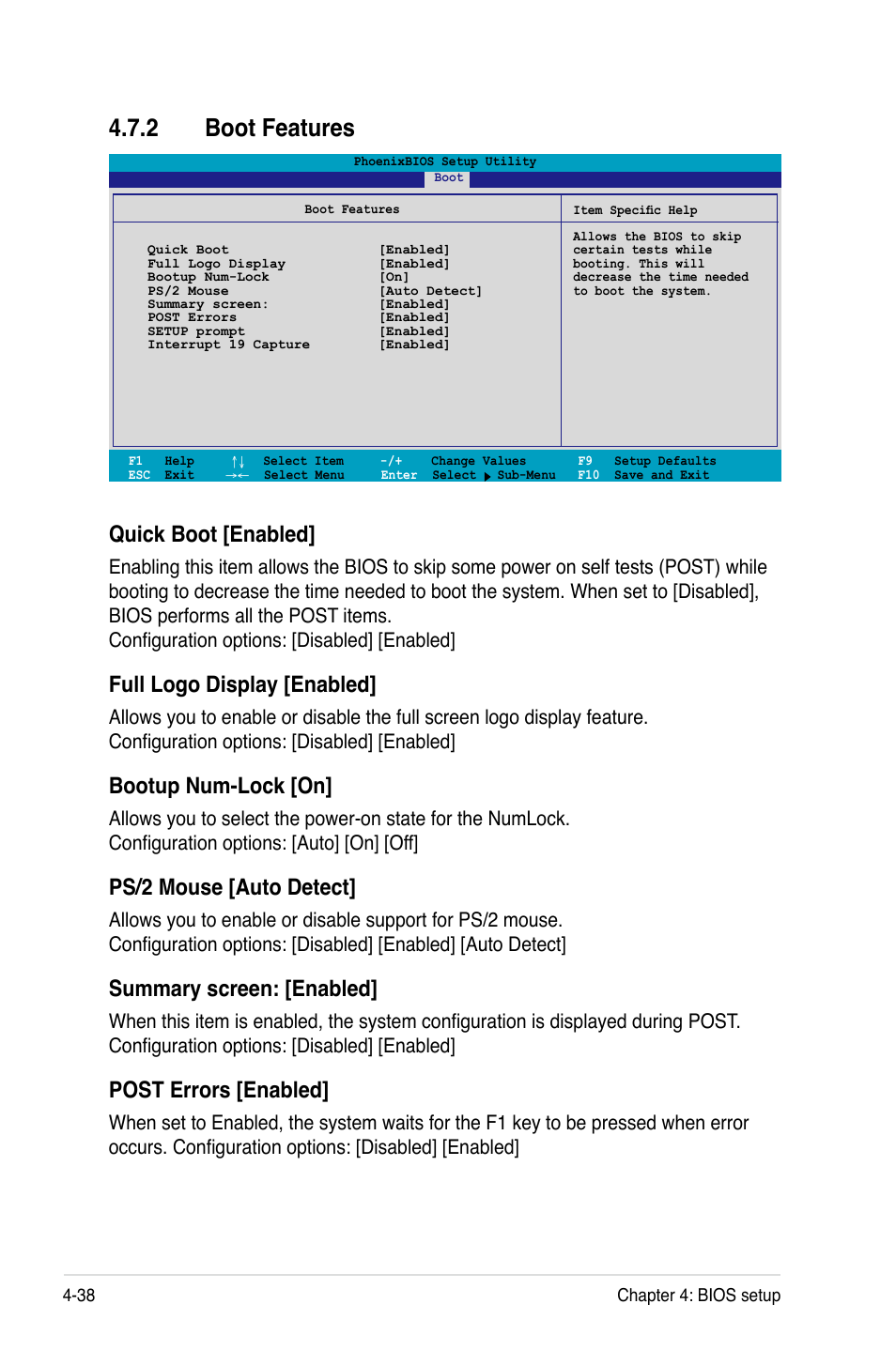 2 boot features, Quick boot [enabled, Full logo display [enabled | Bootup num-lock [on, Ps/2 mouse [auto detect, Summary screen: [enabled, Post errors [enabled | Asus DSBV-D User Manual | Page 102 / 168