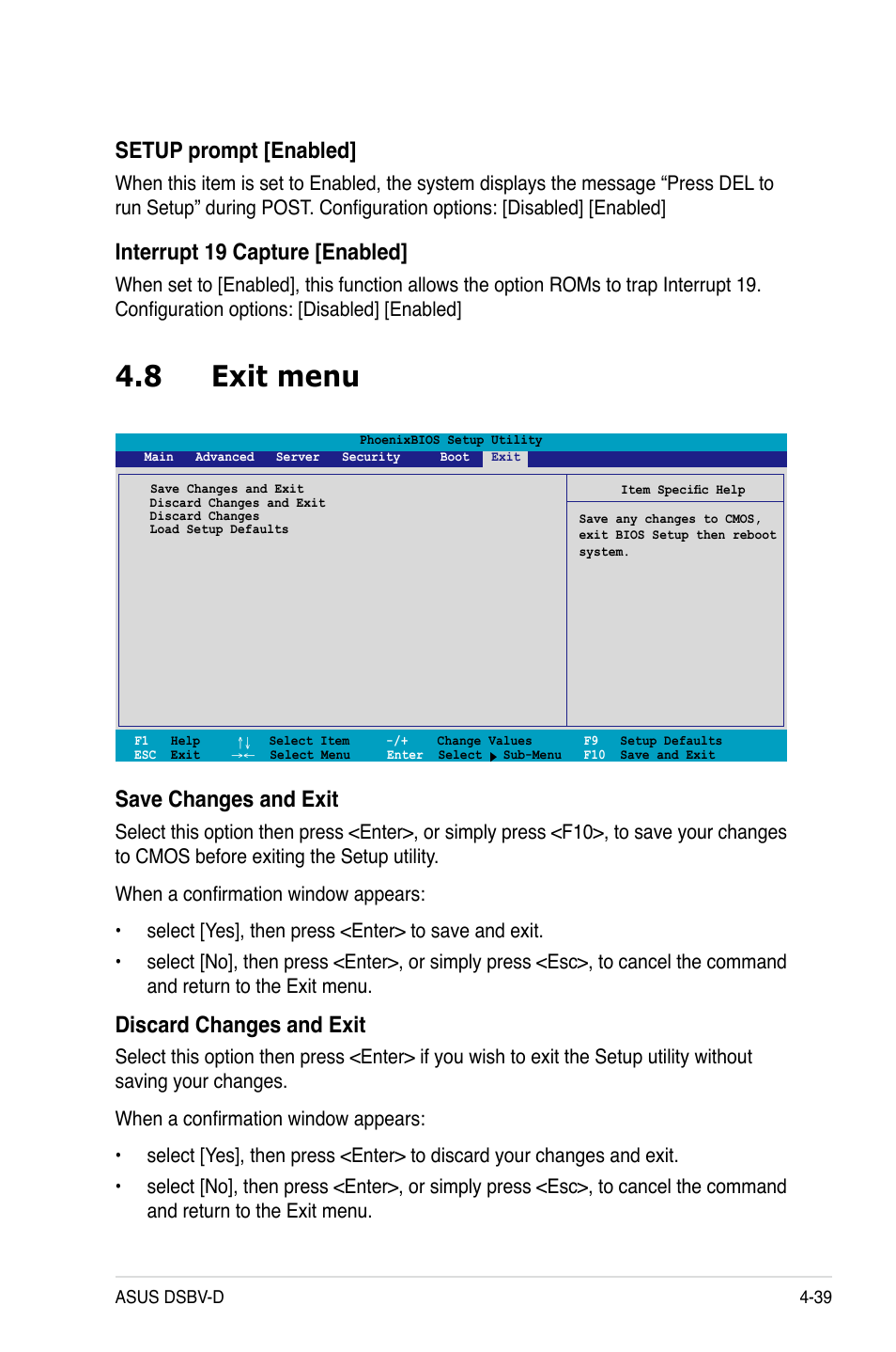 8 exit menu, Setup prompt [enabled, Interrupt 19 capture [enabled | Save changes and exit, Discard changes and exit | Asus DSBV-D User Manual | Page 103 / 168