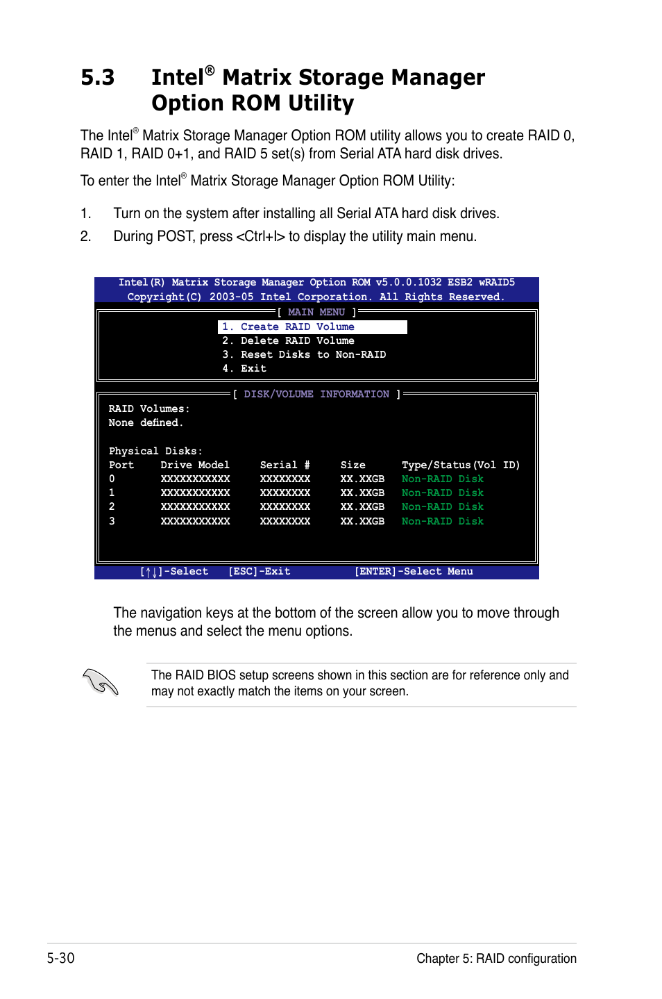 3 intel, Matrix storage manager option rom utility | Asus DSBV-D User Manual | Page 136 / 168