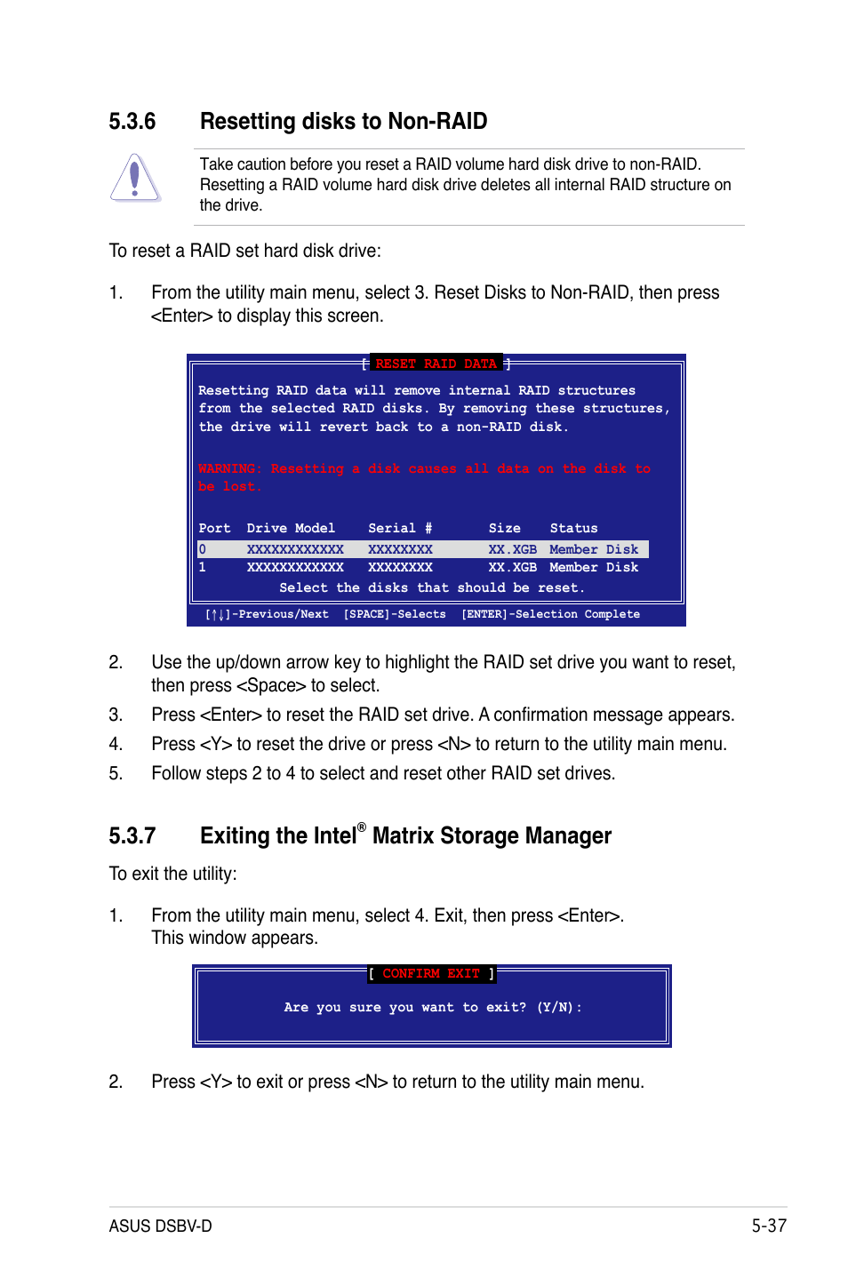 7 exiting the intel, Matrix storage manager, 6 resetting disks to non-raid | Asus DSBV-D User Manual | Page 143 / 168