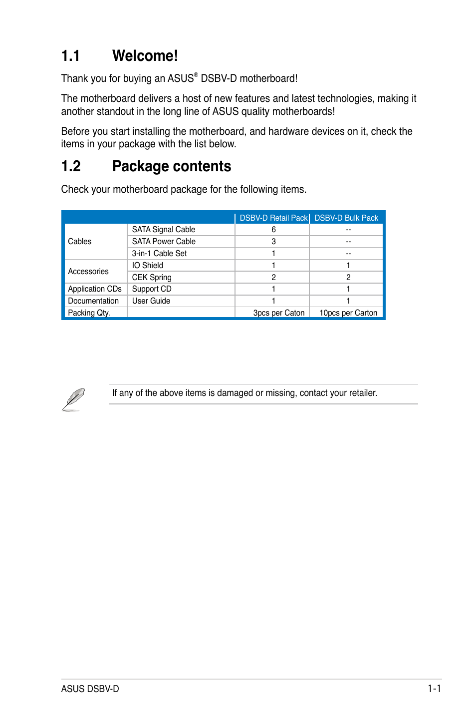 1 welcome, 2 package contents | Asus DSBV-D User Manual | Page 15 / 168