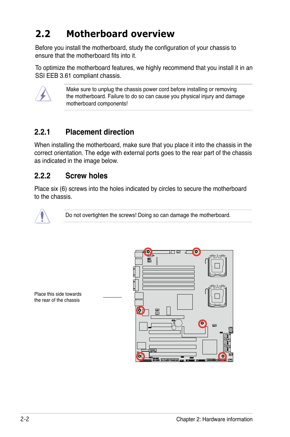 2 motherboard overview, 1 placement direction, 2 screw holes | Asus DSBV-D User Manual | Page 22 / 168