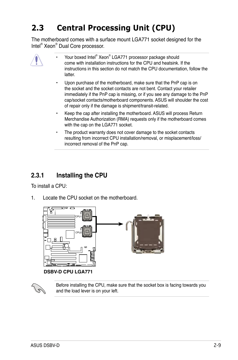 3 central processing unit (cpu), 1 installing the cpu | Asus DSBV-D User Manual | Page 29 / 168