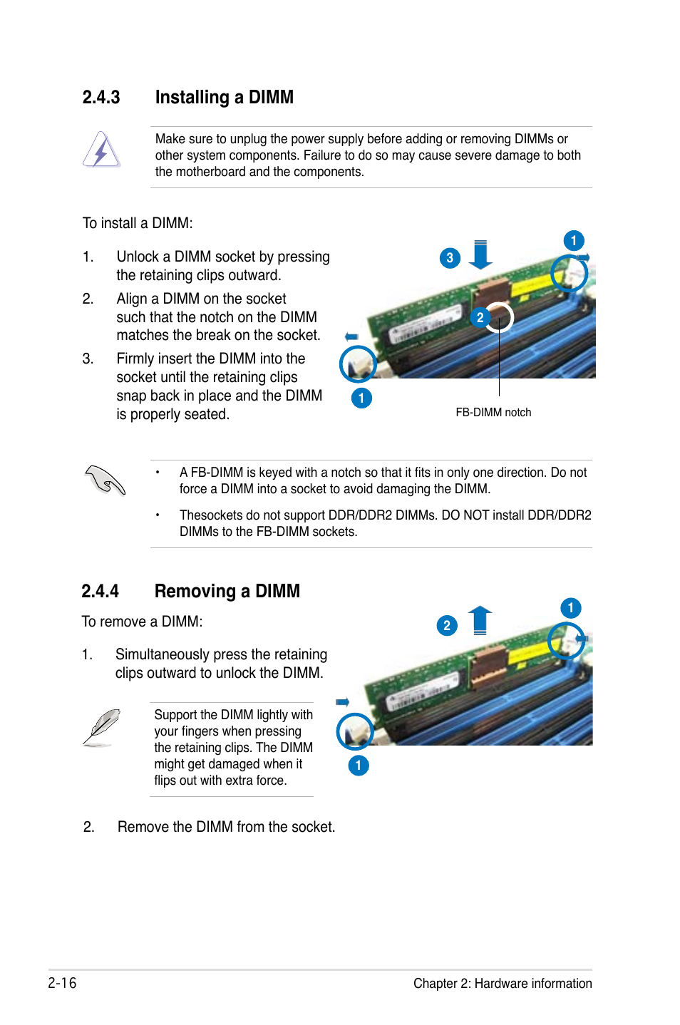 3 installing a dimm, 4 removing a dimm | Asus DSBV-D User Manual | Page 36 / 168