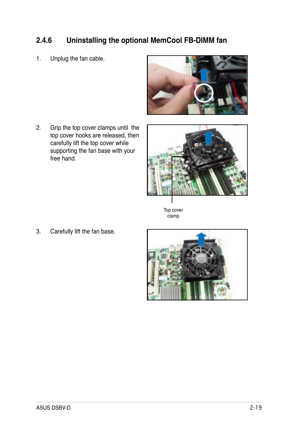 6 uninstalling the optional memcool fb-dimm fan | Asus DSBV-D User Manual | Page 39 / 168