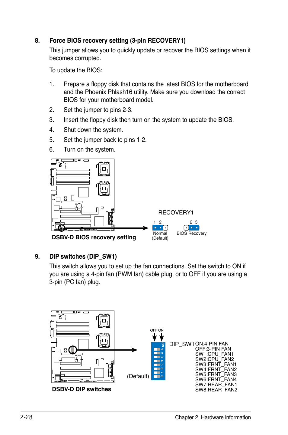 Chapter 2: hardware information, Dsbv-d bios recovery setting recovery1, Dsbv-d dip switches dip_sw1 | Default) | Asus DSBV-D User Manual | Page 48 / 168