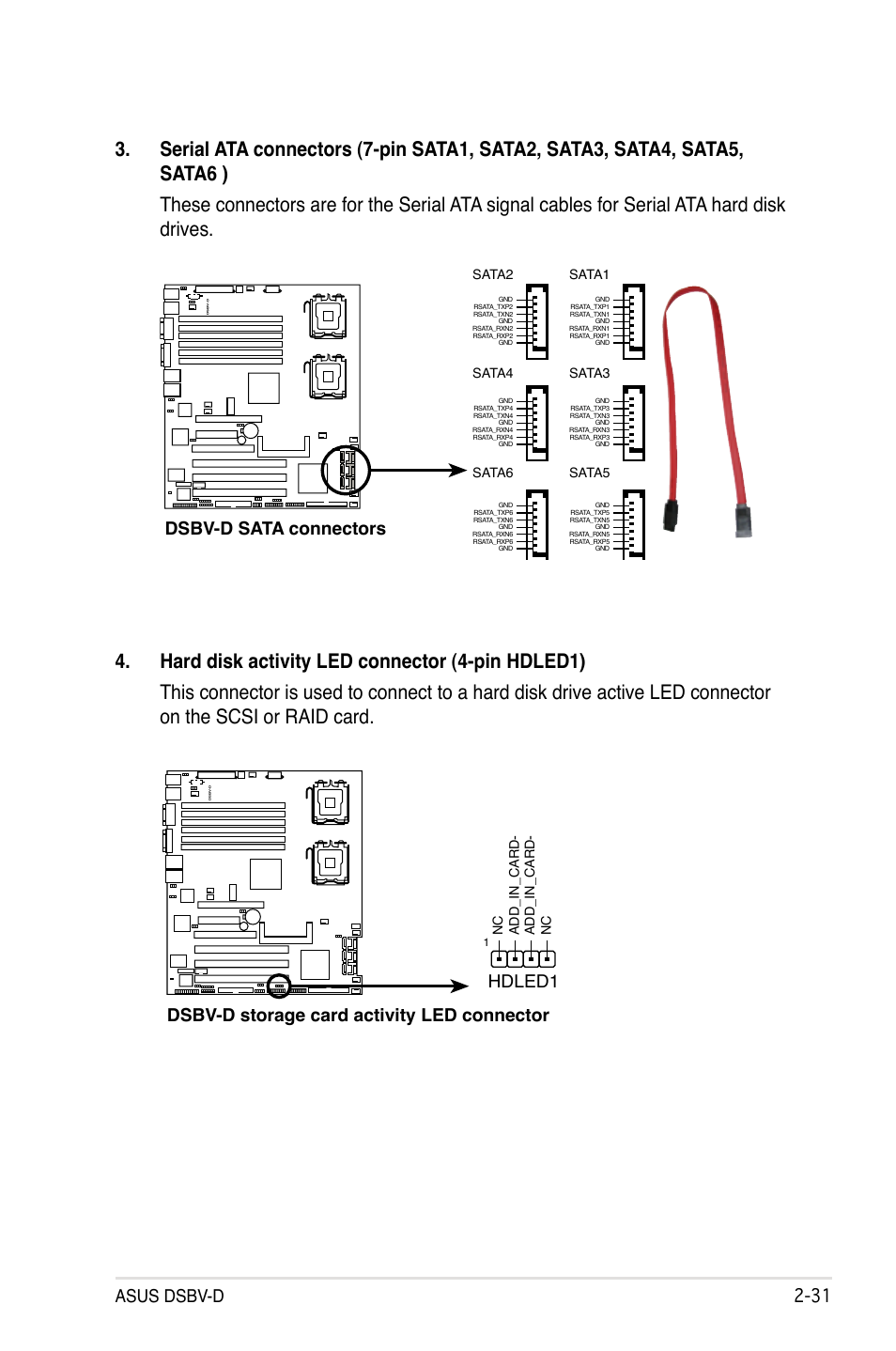 Asus dsbv-d -1, Dsbv-d sata connectors, Dsbv-d storage card activity led connector hdled1 | Sata2 sata1, Sata4 sata3 sata6 sata5, Add_in_card- nc nc add_in_card | Asus DSBV-D User Manual | Page 51 / 168