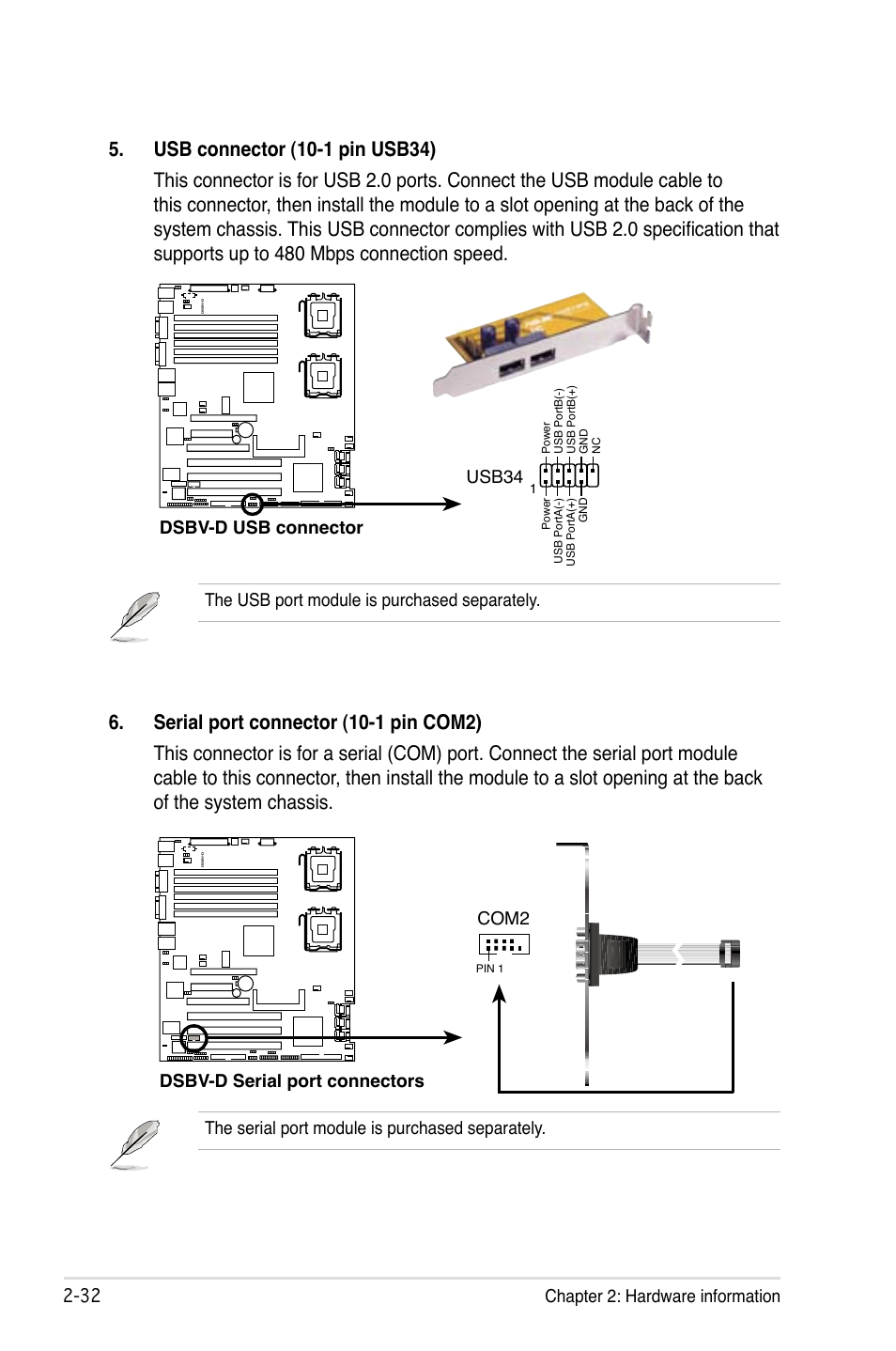 Chapter 2: hardware information, The serial port module is purchased separately, The usb port module is purchased separately | Dsbv-d usb connector usb34, Dsbv-d serial port connectors, Com2 | Asus DSBV-D User Manual | Page 52 / 168