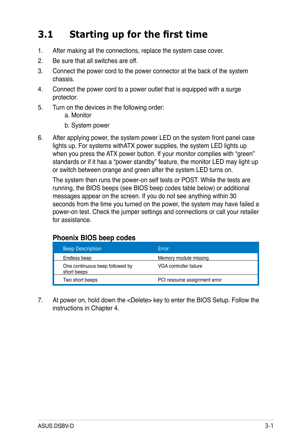 1 starting up for the first time, Phoenix bios beep codes | Asus DSBV-D User Manual | Page 61 / 168