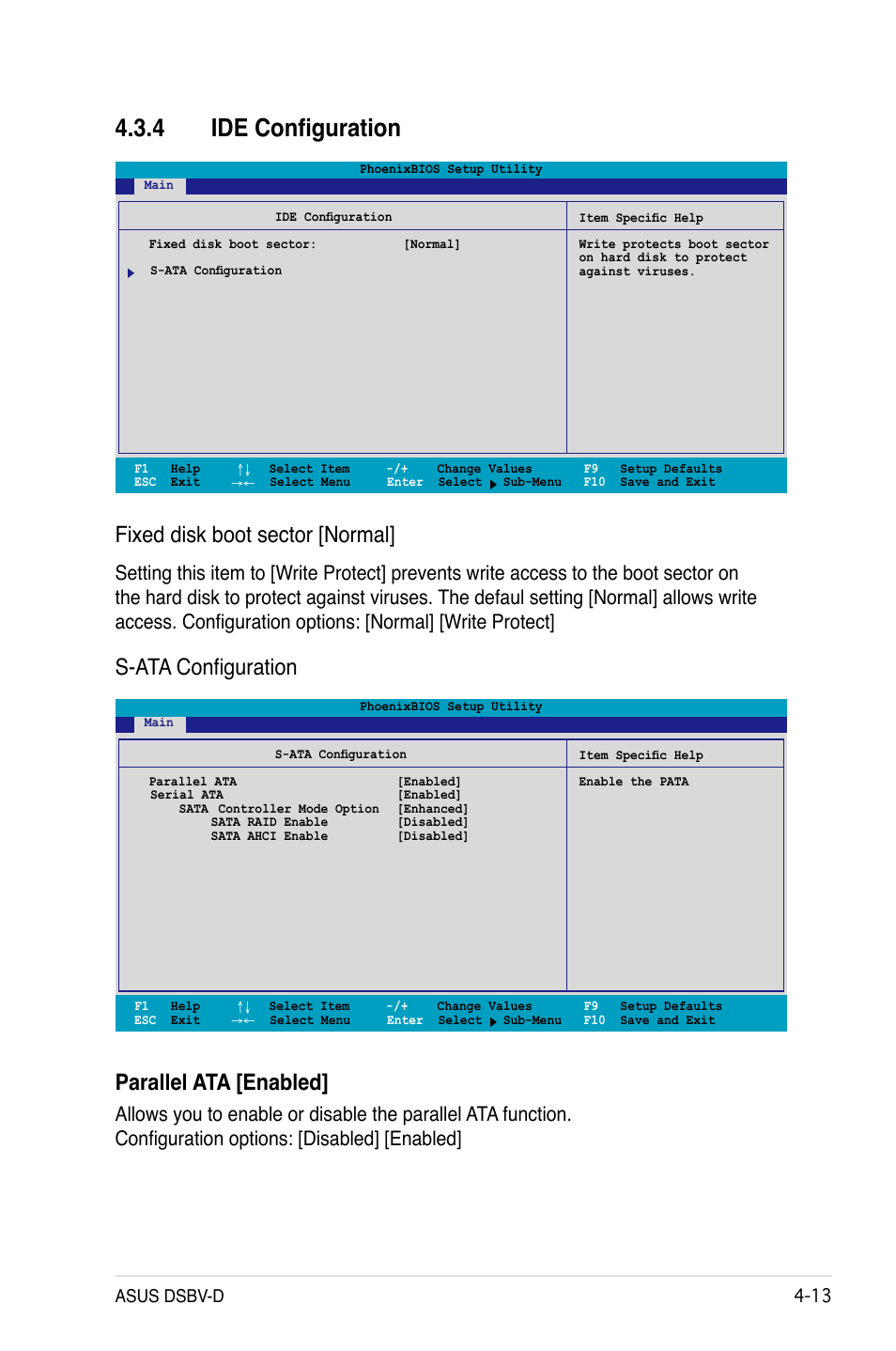 4 ide configuration, Fixed disk boot sector [normal, S-ata configuration | Parallel ata [enabled, Asus dsbv-d -1 | Asus DSBV-D User Manual | Page 77 / 168