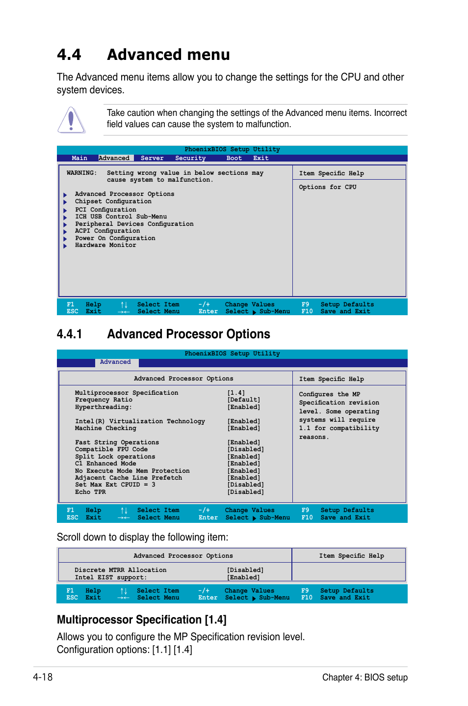 4 advanced menu, 1 advanced processor options, Multiprocessor specification [1.4 | Scroll down to display the following item, 1 chapter 4: bios setup | Asus DSBV-D User Manual | Page 82 / 168