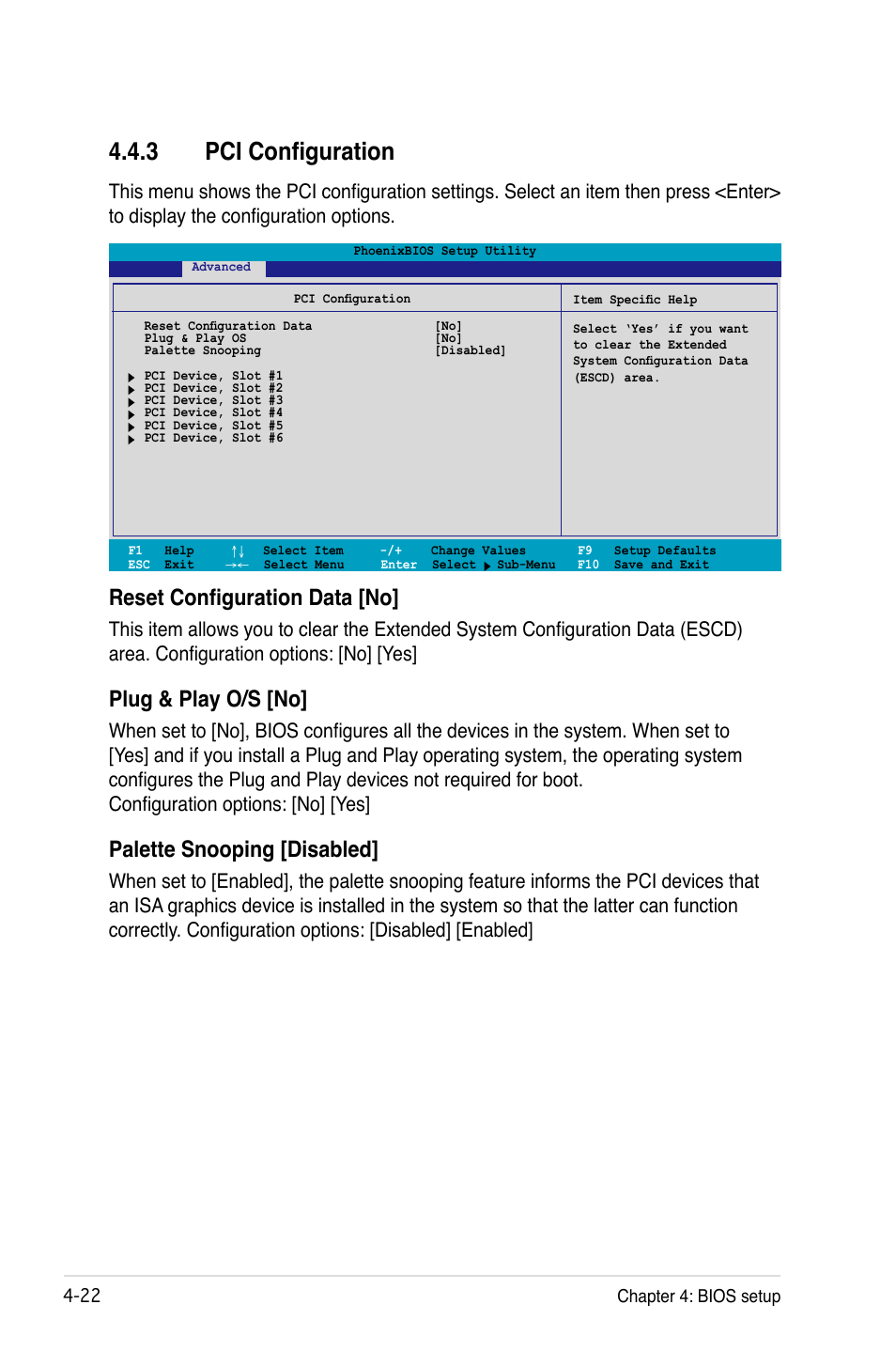 3 pci configuration, Reset configuration data [no, Plug & play o/s [no | Palette snooping [disabled | Asus DSBV-D User Manual | Page 86 / 168