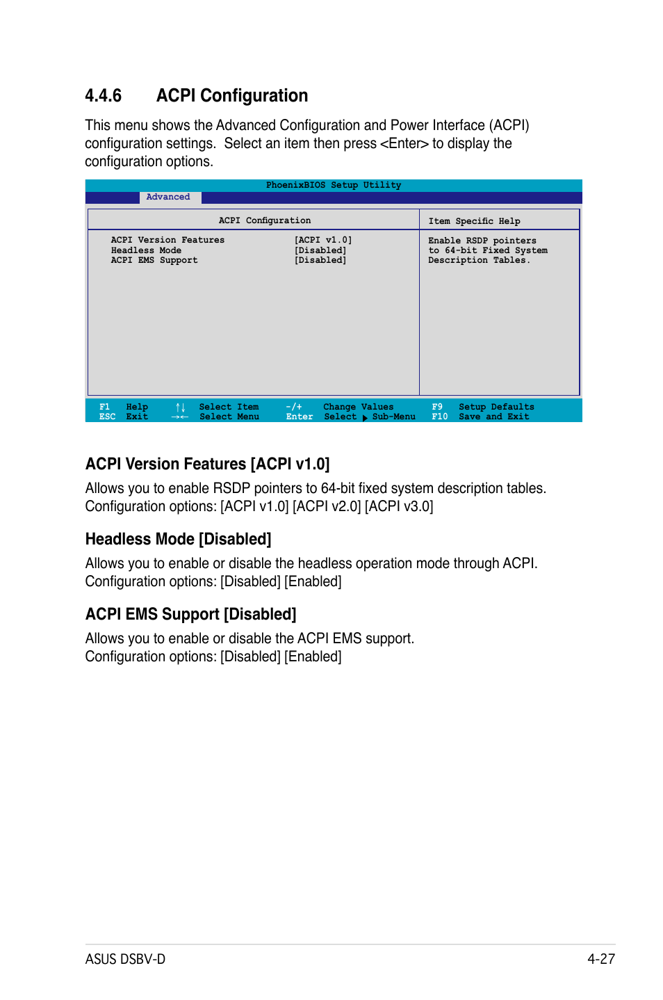 6 acpi configuration, Acpi version features [acpi v1.0, Headless mode [disabled | Acpi ems support [disabled | Asus DSBV-D User Manual | Page 91 / 168