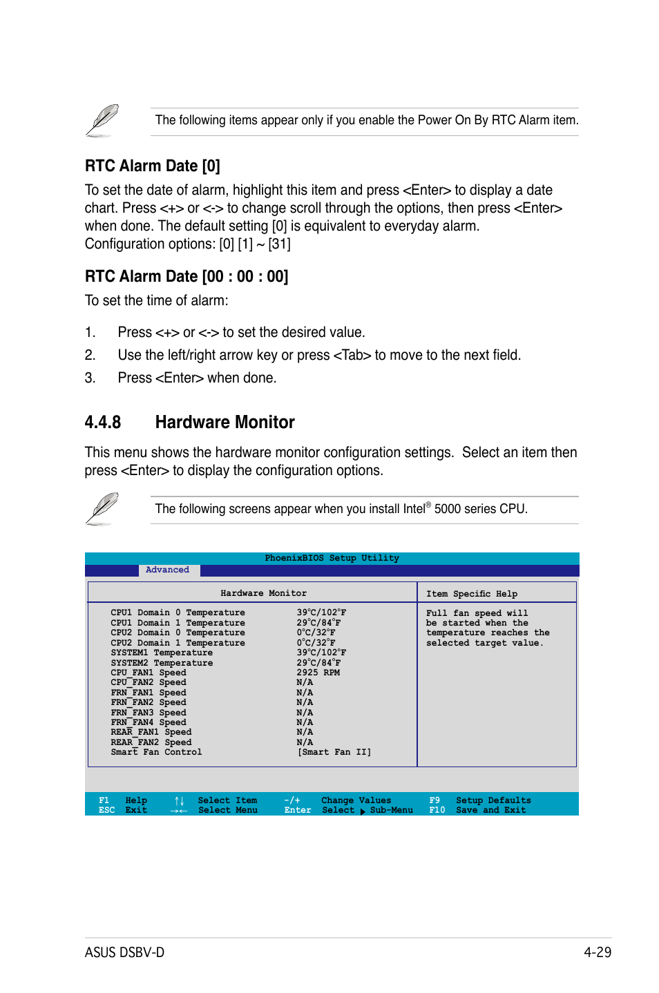 8 hardware monitor, Rtc alarm date [0, 5000 series cpu | Asus DSBV-D User Manual | Page 93 / 168