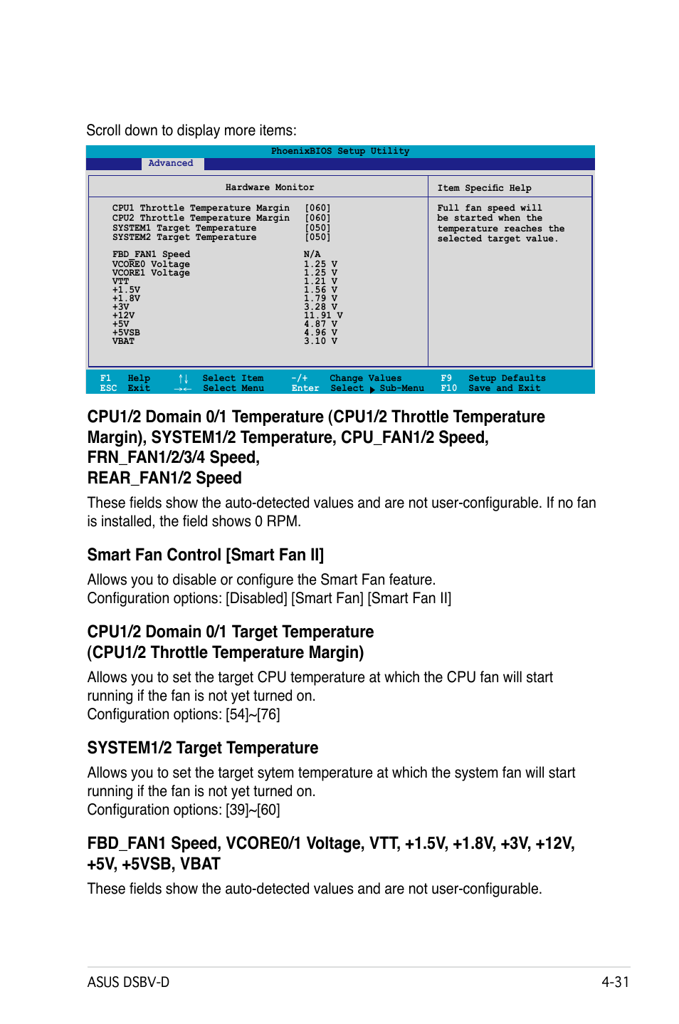 Smart fan control [smart fan ii, System1/2 target temperature, Scroll down to display more items | Asus DSBV-D User Manual | Page 95 / 168