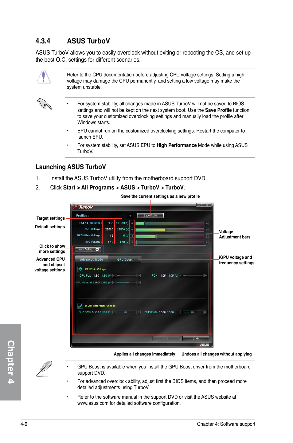 4 asus turbov, Asus turbov -6, Chapter 4 | Launching asus turbov | Asus P7H55D-M EVO User Manual | Page 100 / 106