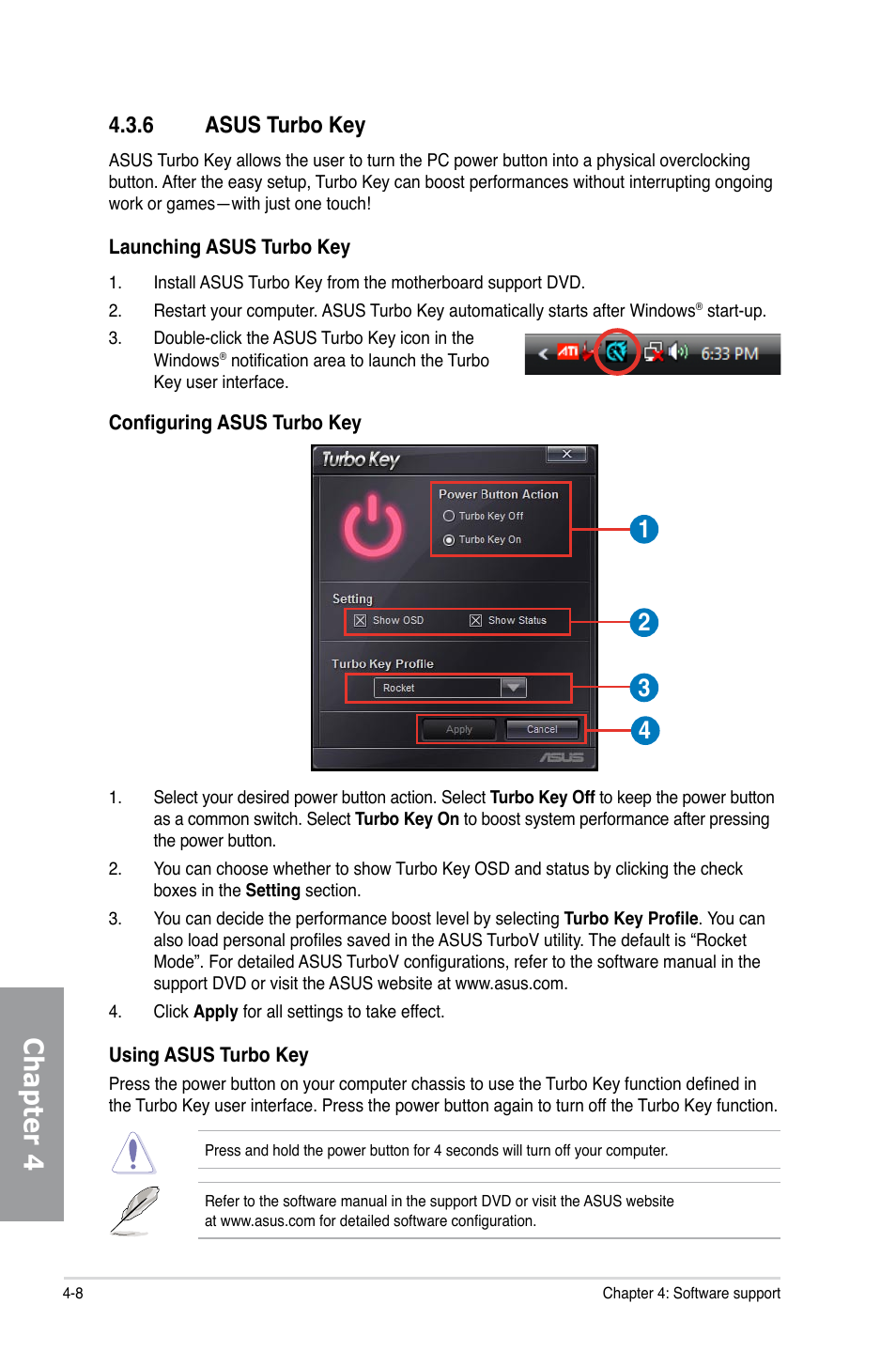 6 asus turbo key, Asus turbo key -8, Chapter 4 | Asus P7H55D-M EVO User Manual | Page 102 / 106