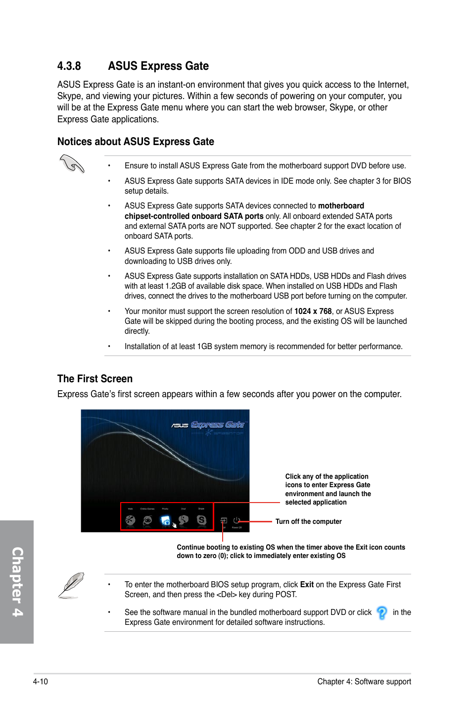 8 asus express gate, Asus express gate -10, Chapter 4 | Notices about asus express gate, The first screen | Asus P7H55D-M EVO User Manual | Page 104 / 106