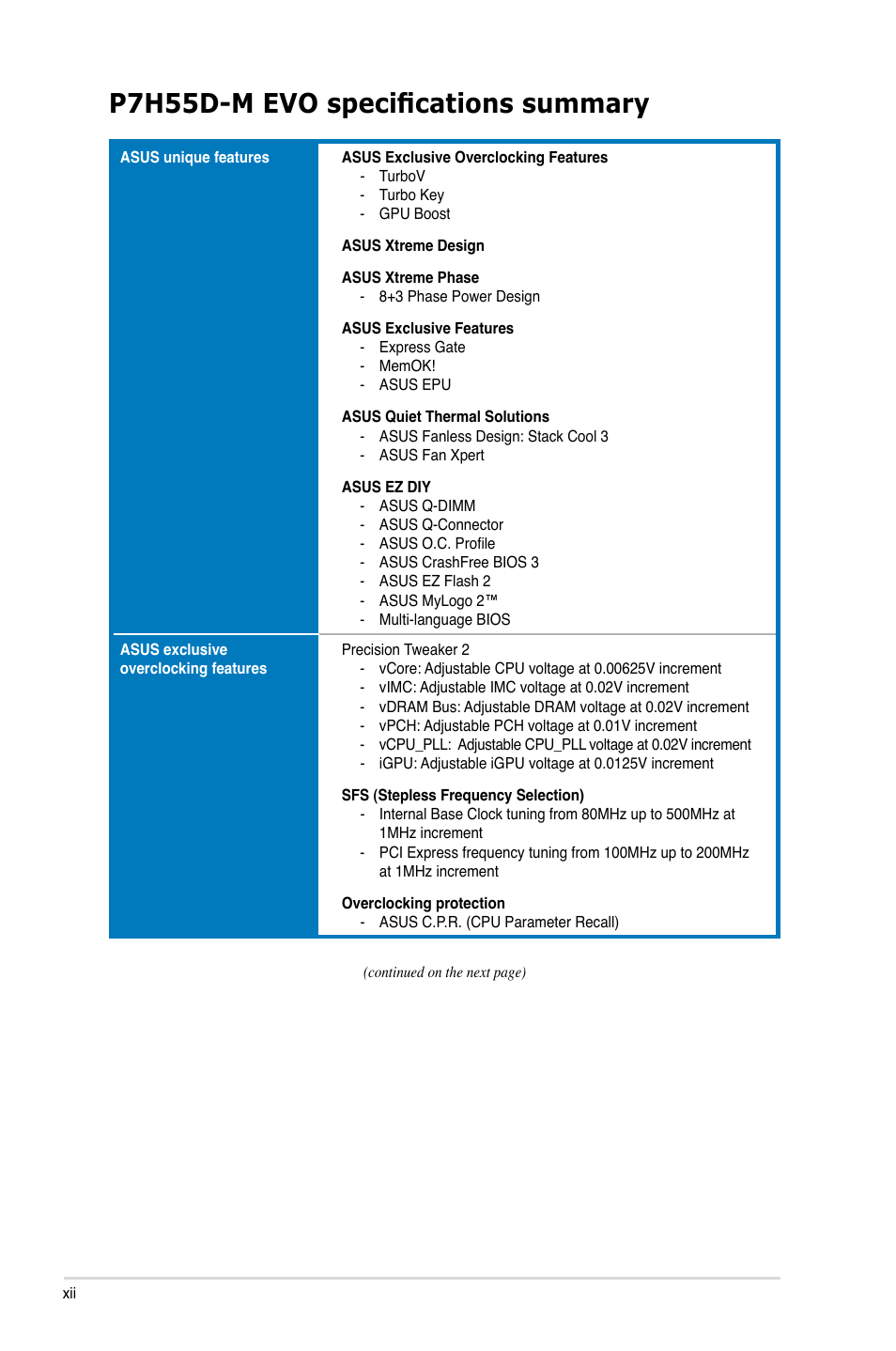 P7h55d-m evo specifications summary | Asus P7H55D-M EVO User Manual | Page 12 / 106