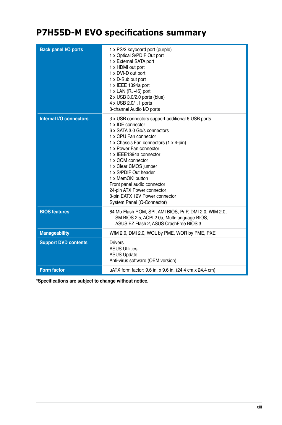 P7h55d-m evo specifications summary | Asus P7H55D-M EVO User Manual | Page 13 / 106