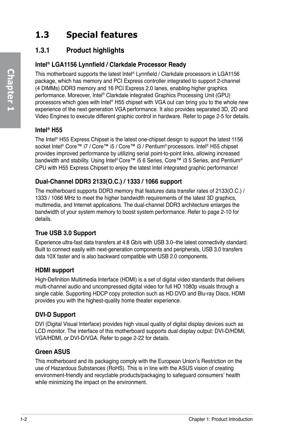 3 special features, 1 product highlights, Special features -2 1.3.1 | Product highlights -2, Chapter 1 1.3 special features | Asus P7H55D-M EVO User Manual | Page 16 / 106