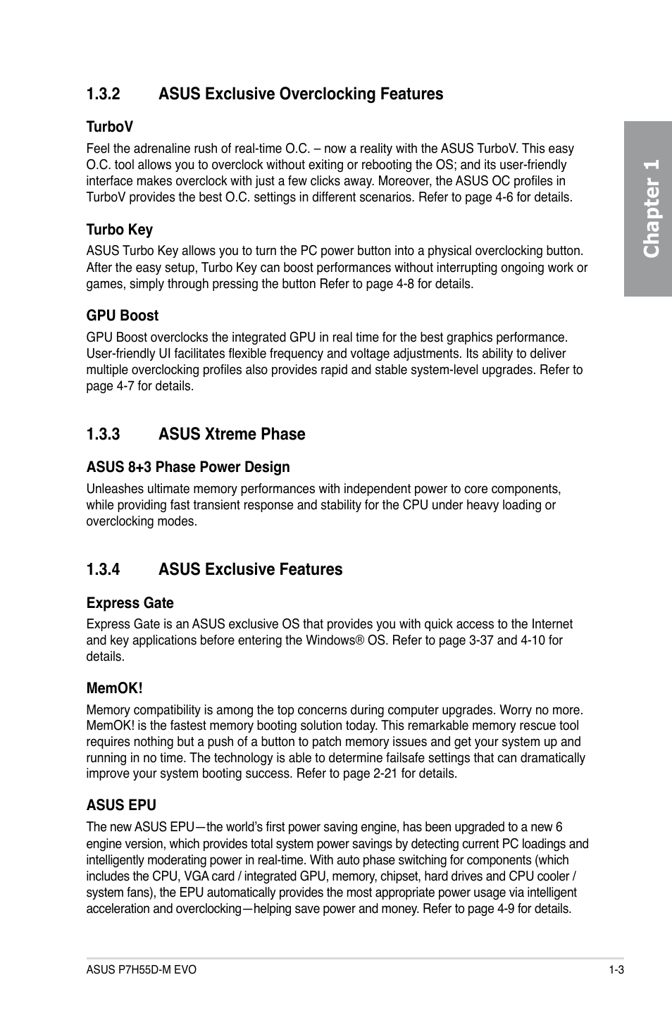 2 asus exclusive overclocking features, 3 asus xtreme phase, 4 asus exclusive features | Asus exclusive overclocking features -3, Asus xtreme phase -3, Asus exclusive features -3, Chapter 1 | Asus P7H55D-M EVO User Manual | Page 17 / 106