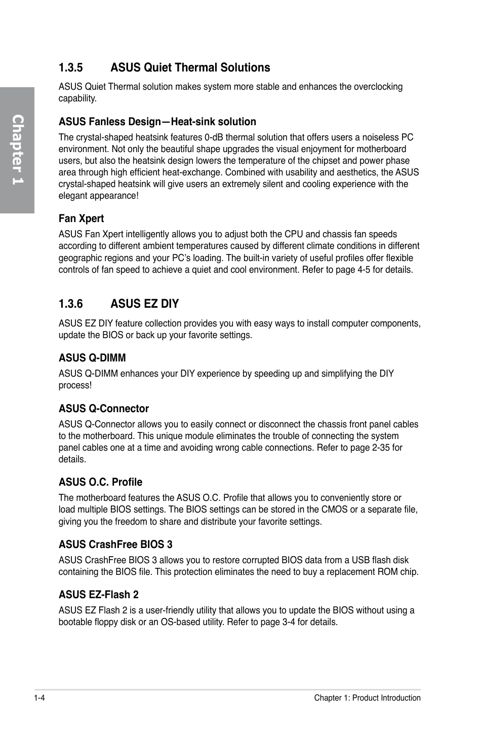 5 asus quiet thermal solutions, 6 asus ez diy, Asus quiet thermal solutions -4 | Asus ez diy -4, Chapter 1 | Asus P7H55D-M EVO User Manual | Page 18 / 106