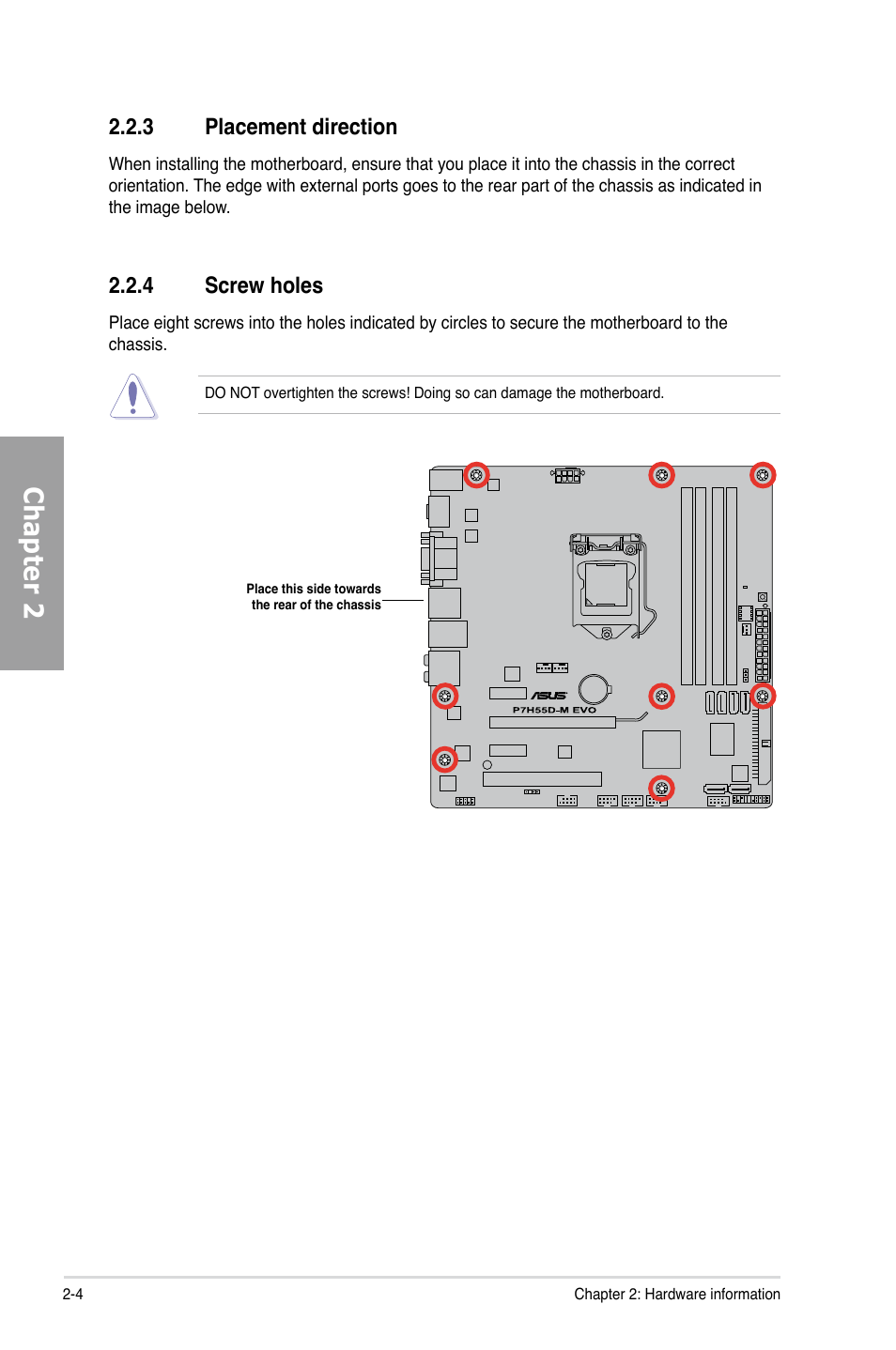 3 placement direction, 4 screw holes, Placement direction -4 | Screw holes -4, Chapter 2 | Asus P7H55D-M EVO User Manual | Page 22 / 106
