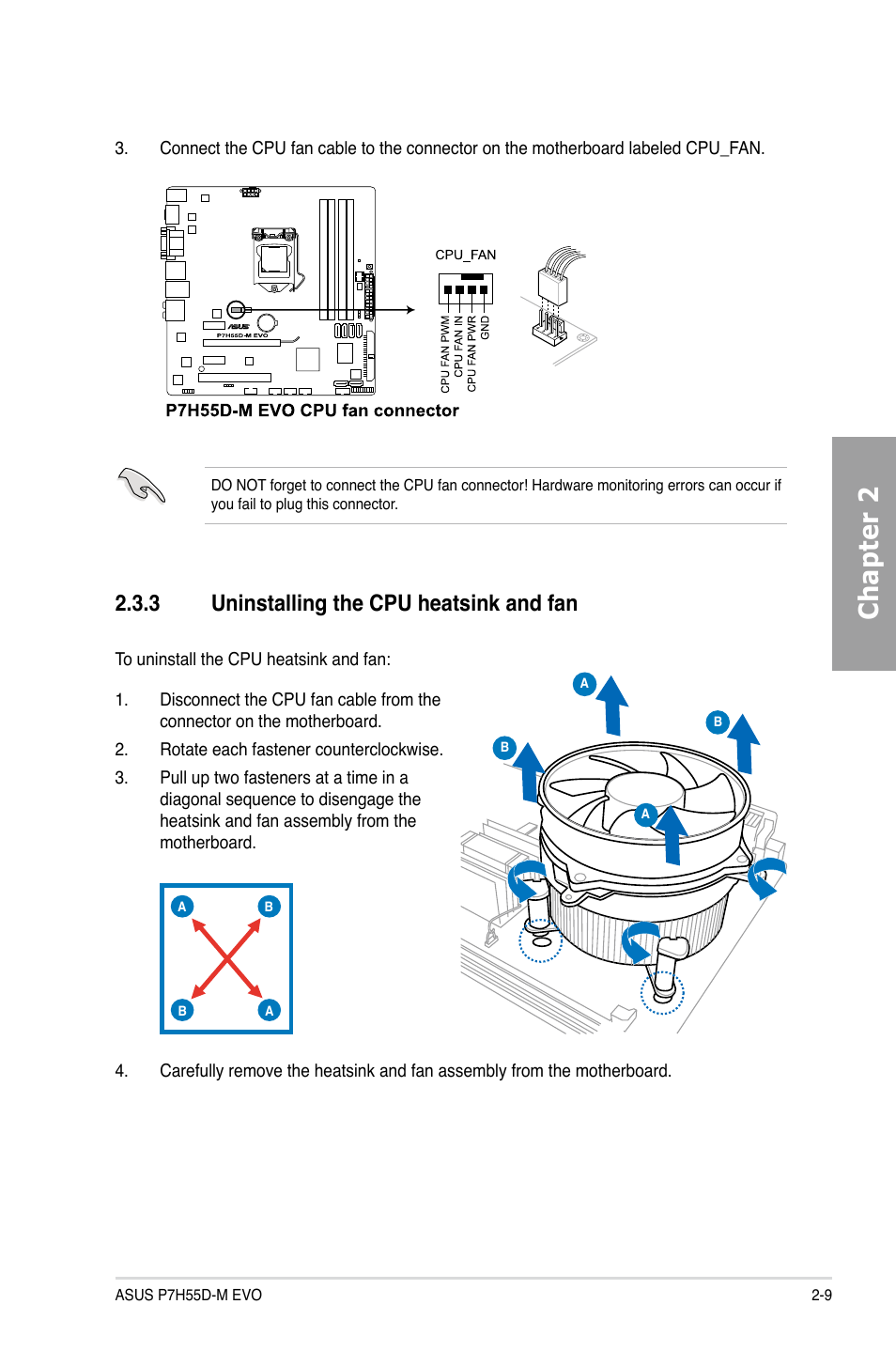 3 uninstalling the cpu heatsink and fan, Uninstalling the cpu heatsink and fan -9, Chapter 2 | Asus P7H55D-M EVO User Manual | Page 27 / 106