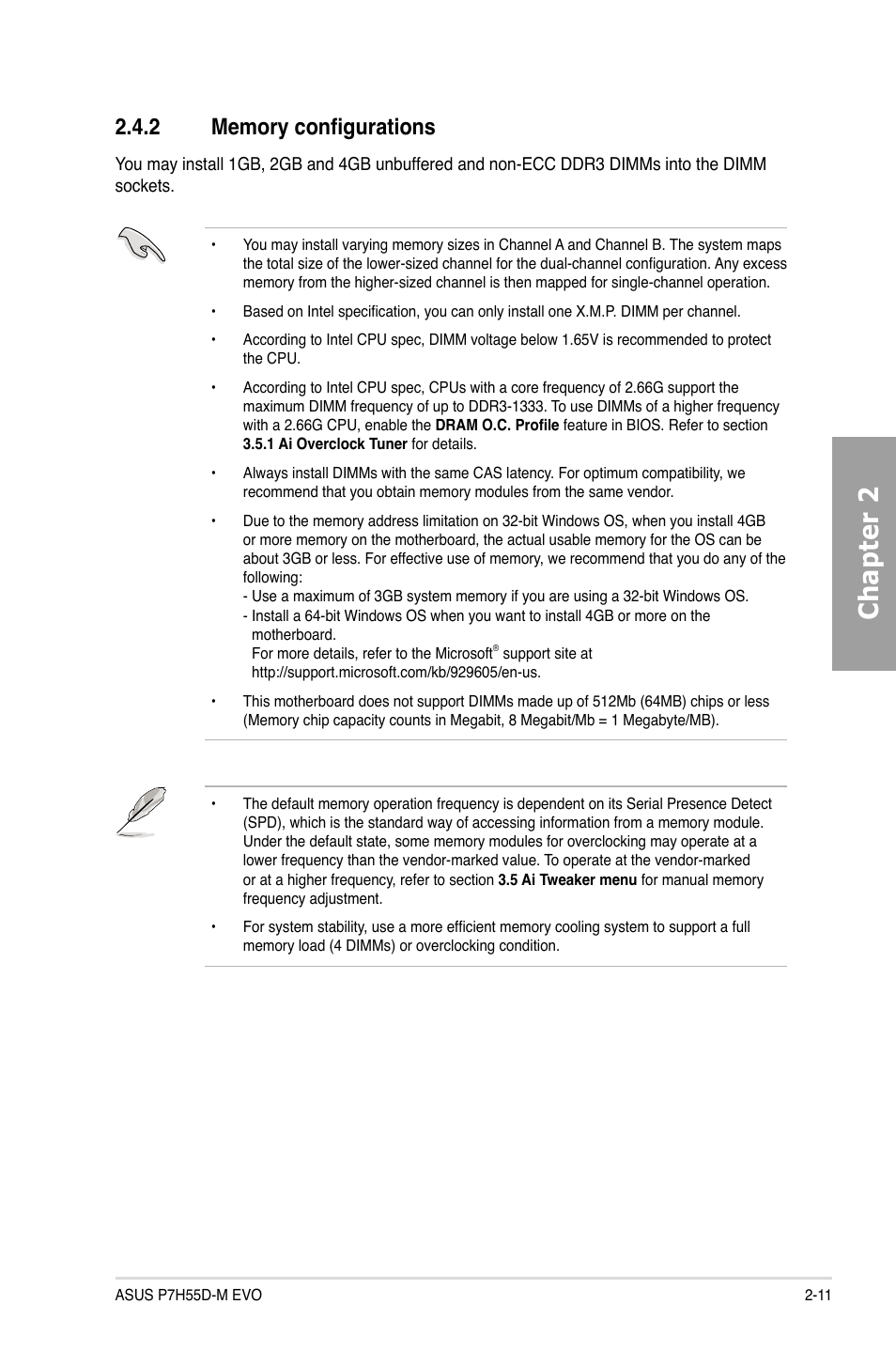 2 memory configurations, Memory configurations -11, Chapter 2 | Asus P7H55D-M EVO User Manual | Page 29 / 106