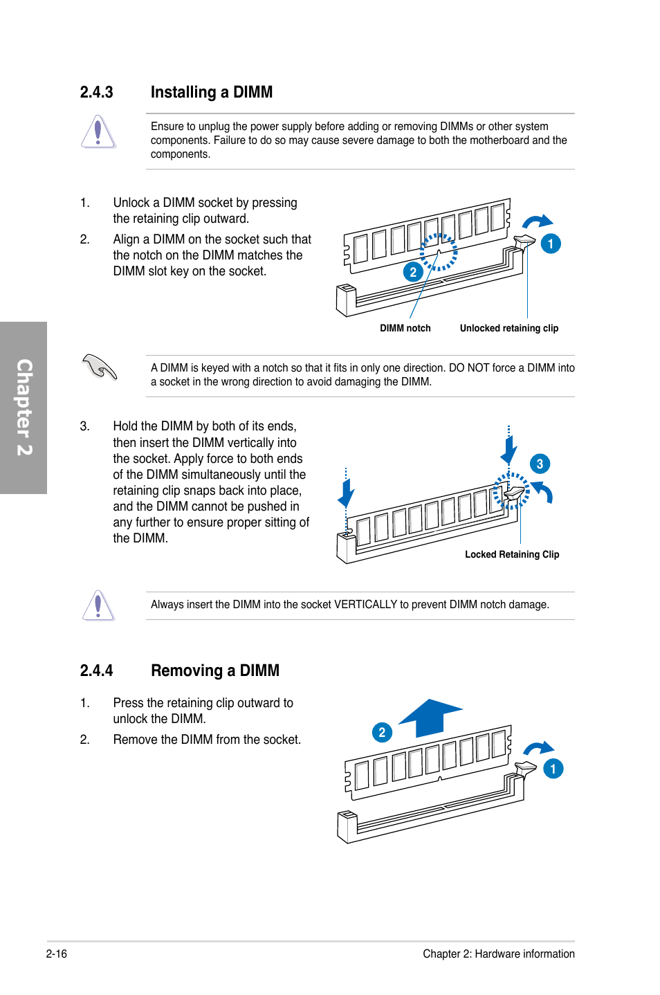 3 installing a dimm, 4 removing a dimm, Installing a dimm -16 | Removing a dimm -16, Chapter 2 | Asus P7H55D-M EVO User Manual | Page 34 / 106