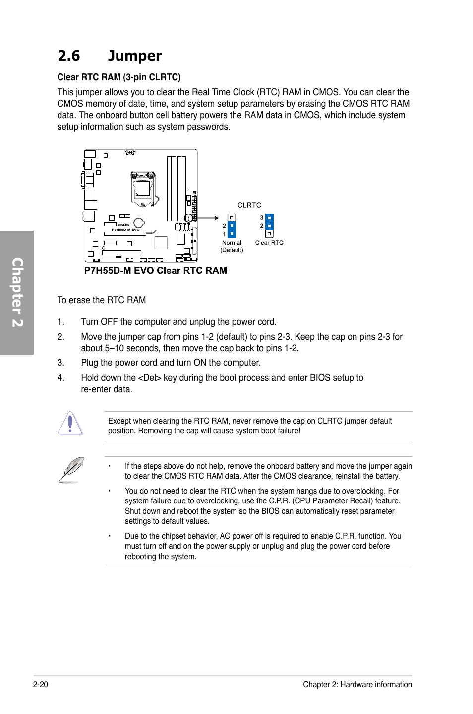 6 jumper, Jumper -20, Chapter 2 2.6 jumper | Asus P7H55D-M EVO User Manual | Page 38 / 106