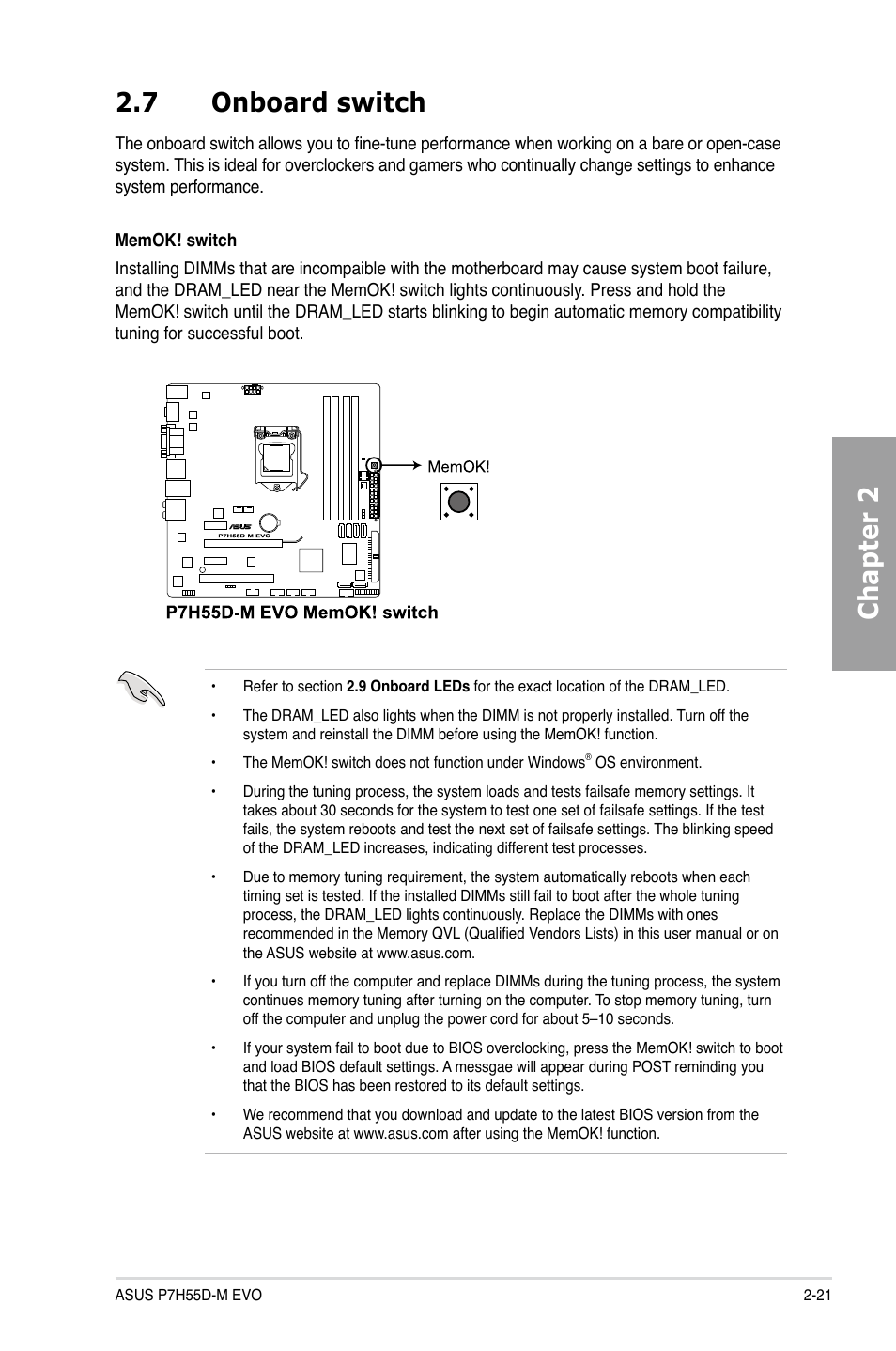 7 onboard switch, Onboard switch -21, Chapter 2 2.7 onboard switch | Asus P7H55D-M EVO User Manual | Page 39 / 106