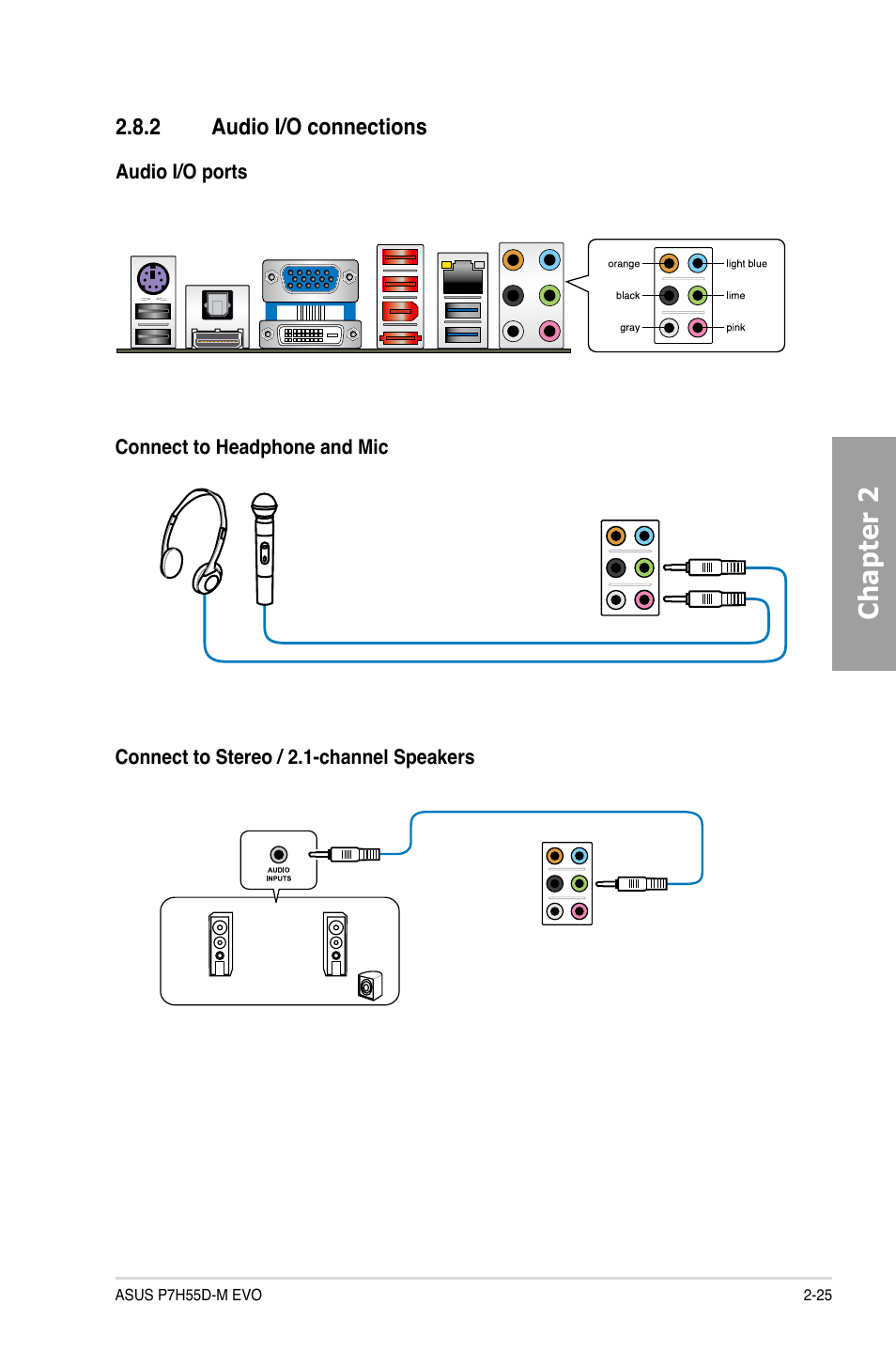 2 audio i/o connections, Audio i/o connections -25, Chapter 2 | Asus P7H55D-M EVO User Manual | Page 43 / 106