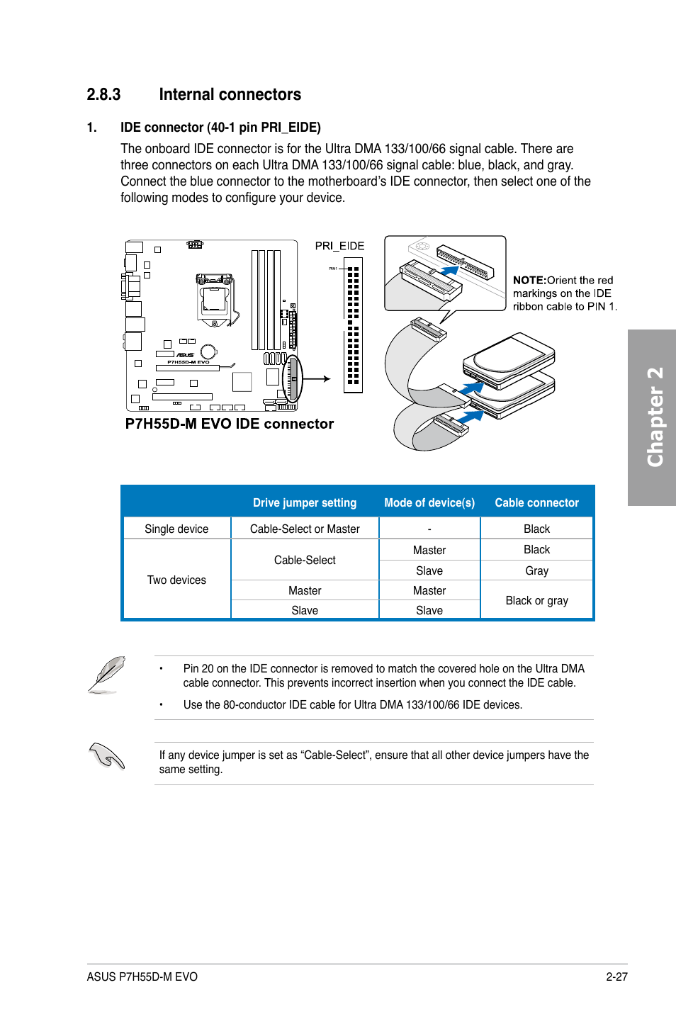 3 internal connectors, Internal connectors -27, Chapter 2 | Asus P7H55D-M EVO User Manual | Page 45 / 106