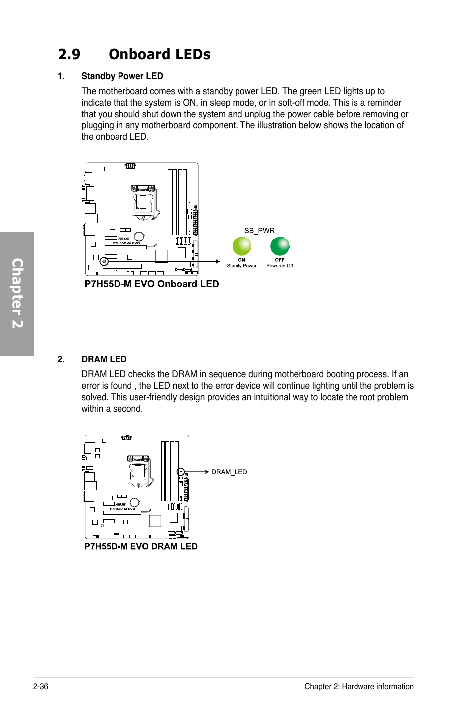 9 onboard leds, Onboard leds -36, Chapter 2 2.9 onboard leds | Asus P7H55D-M EVO User Manual | Page 54 / 106