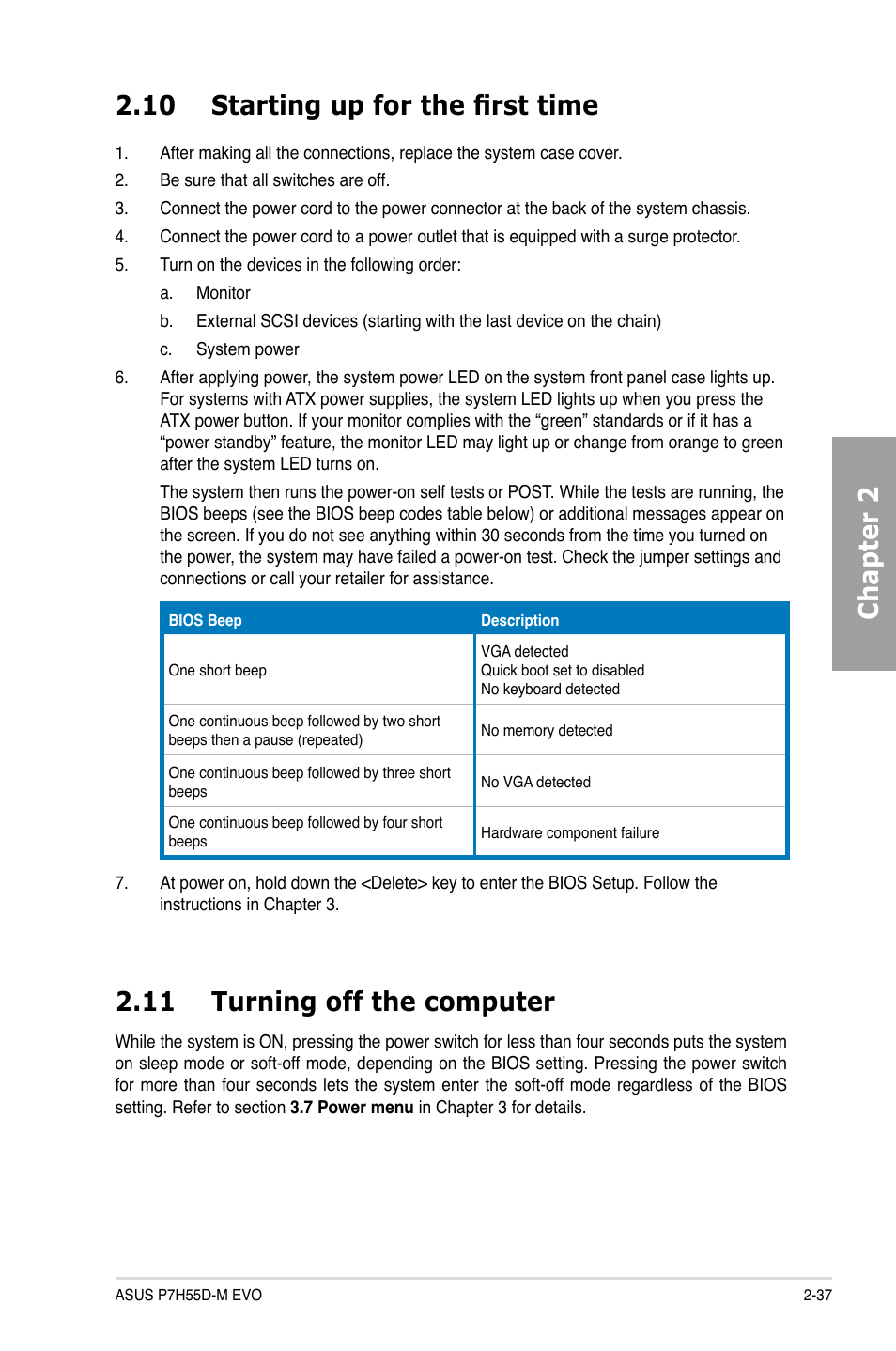 10 starting up for the first time, 11 turning off the computer, Starting up for the first time -37 | Turning off the computer -37, Chapter 2 2.10 starting up for the first time | Asus P7H55D-M EVO User Manual | Page 55 / 106