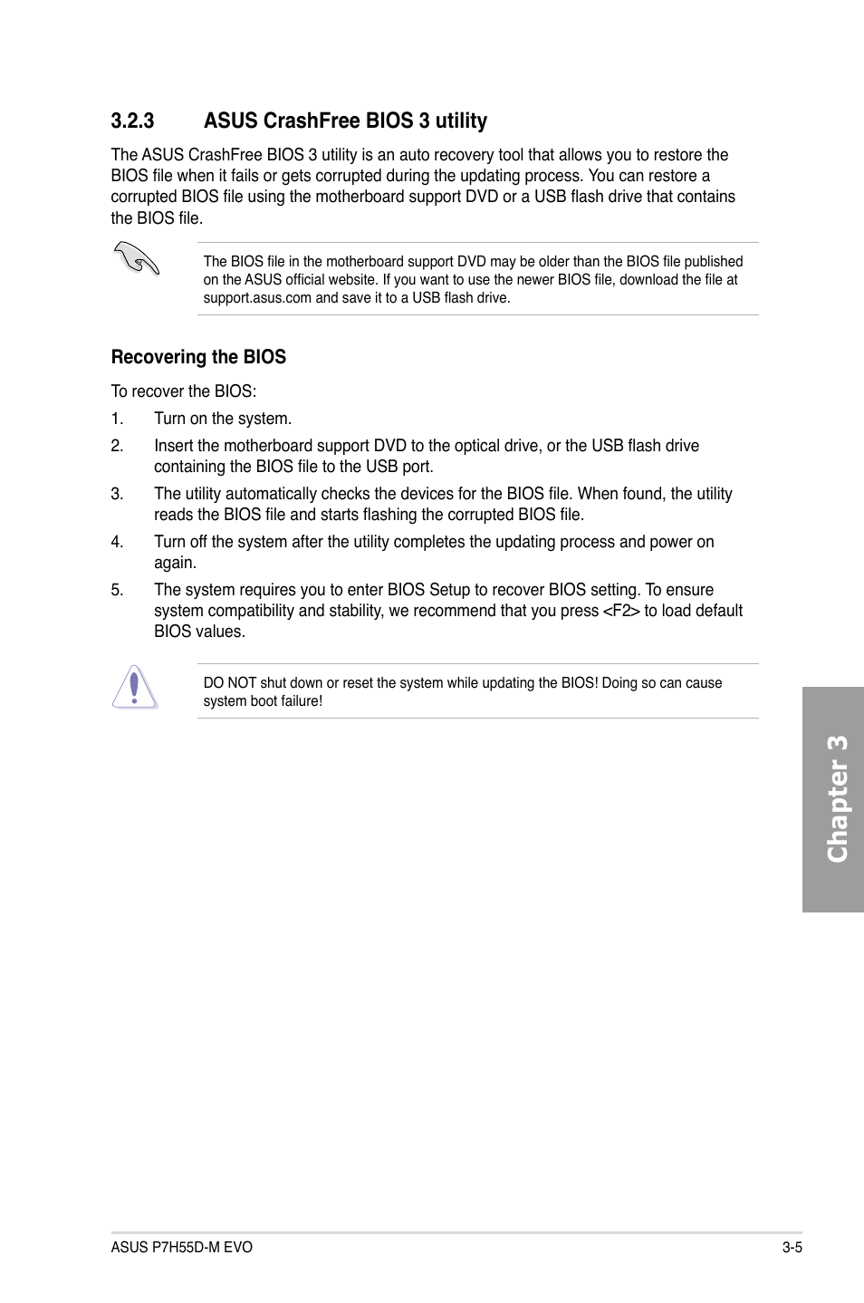 3 asus crashfree bios 3 utility, Asus crashfree bios 3 utility -5, Chapter 3 | Asus P7H55D-M EVO User Manual | Page 61 / 106