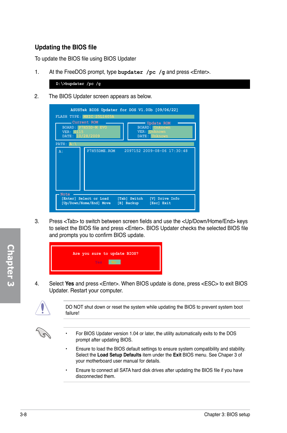 Chapter 3, Updating the bios file | Asus P7H55D-M EVO User Manual | Page 64 / 106