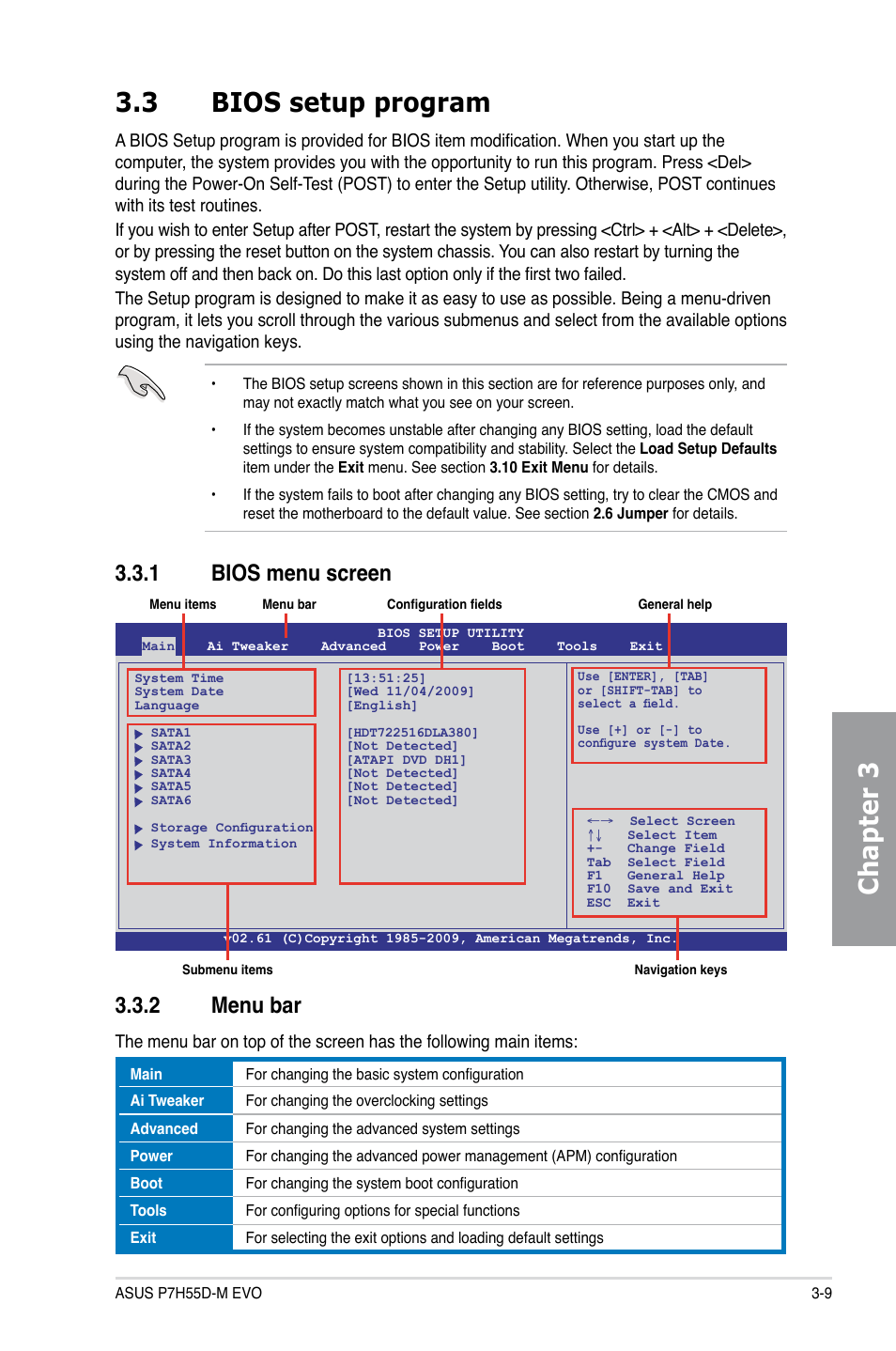 3 bios setup program, 1 bios menu screen, 2 menu bar | Bios setup program -9 3.3.1, Bios menu screen -9, Menu bar -9, Chapter 3 3.3 bios setup program, 1 bios menu screen 3.3.2 menu bar | Asus P7H55D-M EVO User Manual | Page 65 / 106