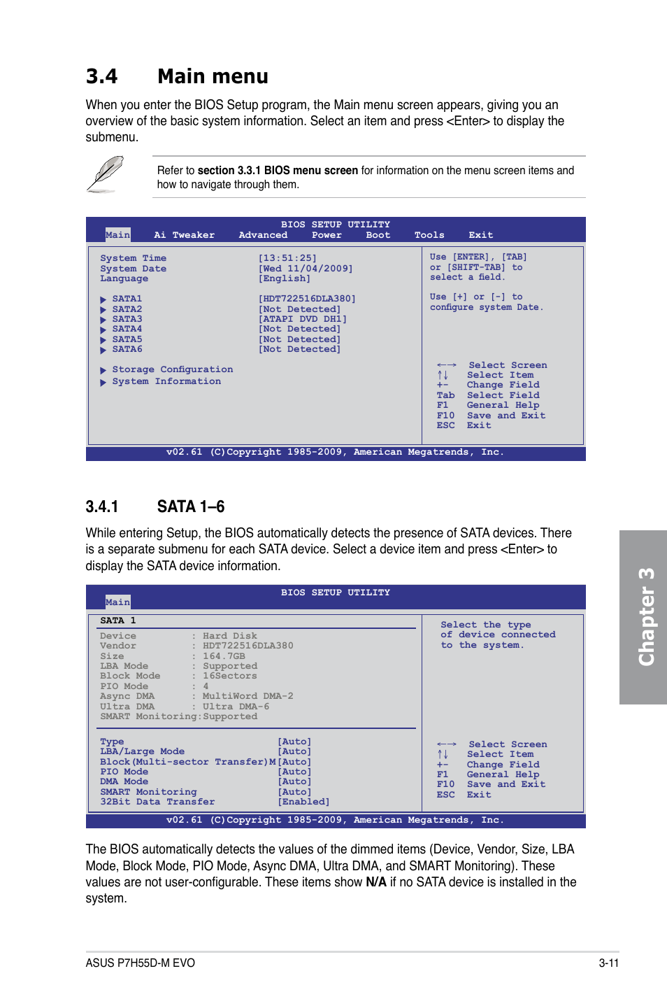 4 main menu, 1 sata 1–6, Main menu -11 3.4.1 | Sata 1–6 -11, Chapter 3 3.4 main menu | Asus P7H55D-M EVO User Manual | Page 67 / 106