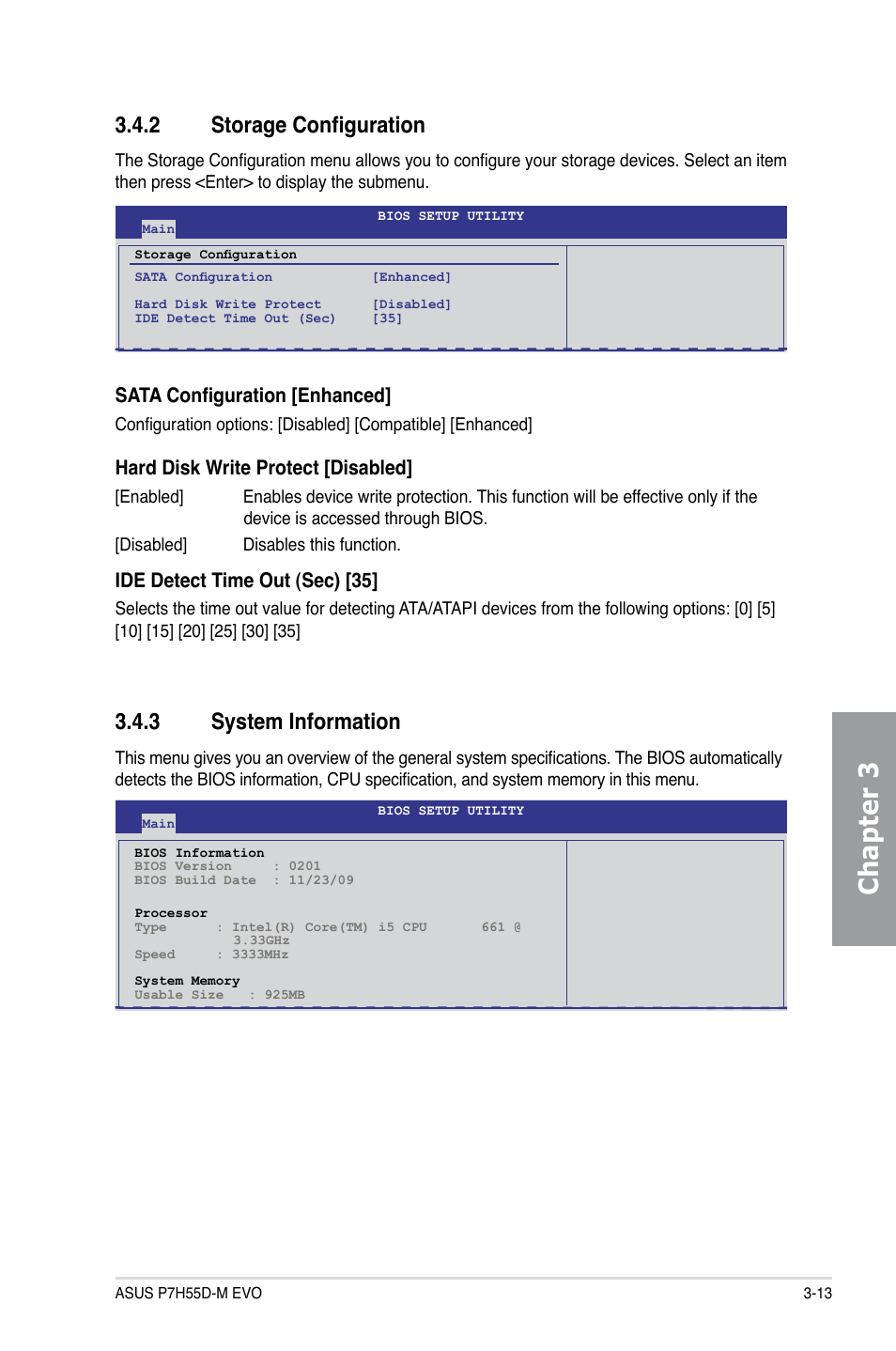 2 storage configuration, 3 system information, Storage configuration -13 | System information -13, Chapter 3, Sata configuration [enhanced, Hard disk write protect [disabled, Ide detect time out (sec) [35 | Asus P7H55D-M EVO User Manual | Page 69 / 106