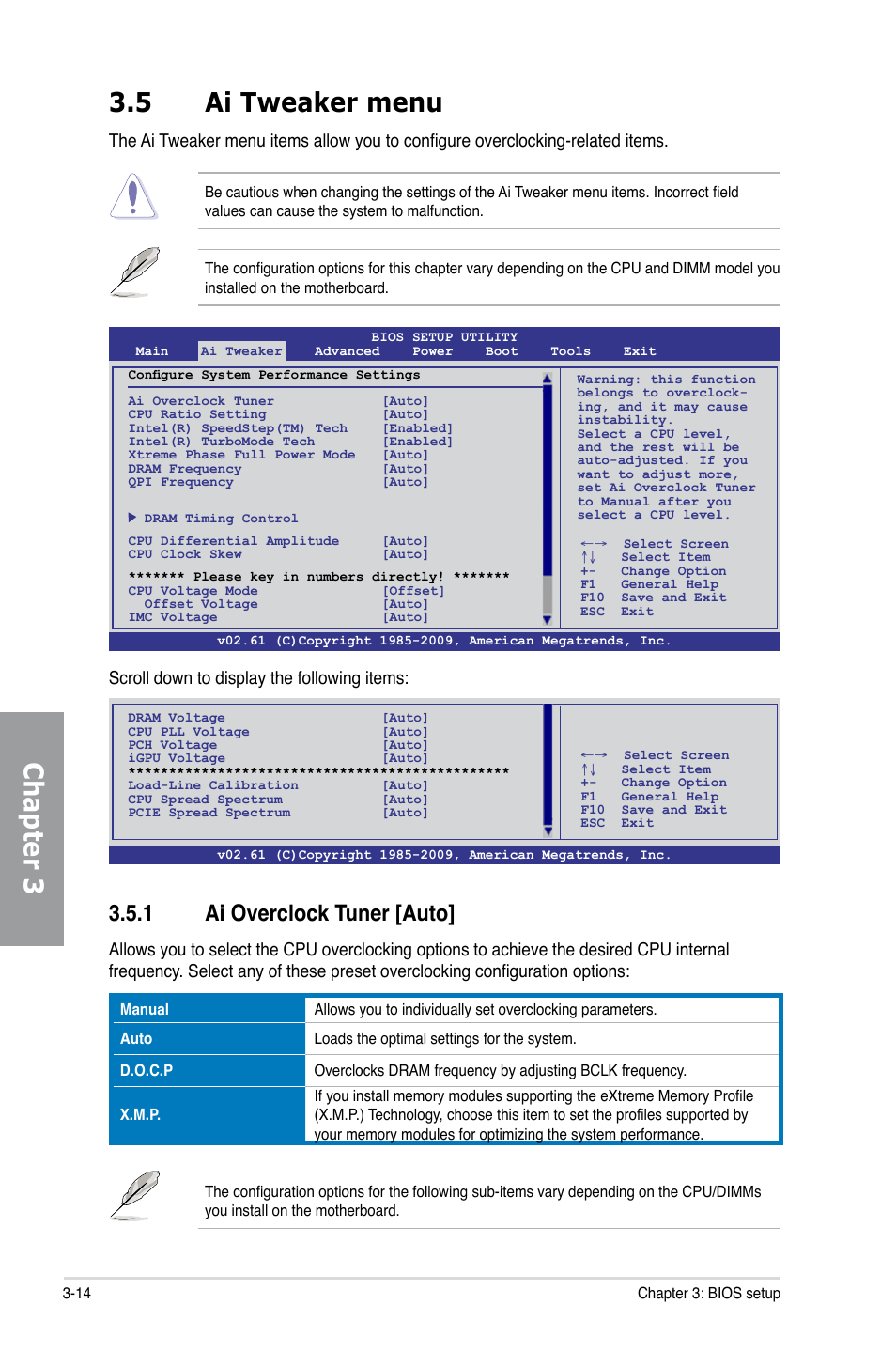 5 ai tweaker menu, 1 ai overclock tuner [auto, Ai tweaker menu -14 3.5.1 | Ai overclock tuner -14, Chapter 3 3.5 ai tweaker menu, Scroll down to display the following items | Asus P7H55D-M EVO User Manual | Page 70 / 106