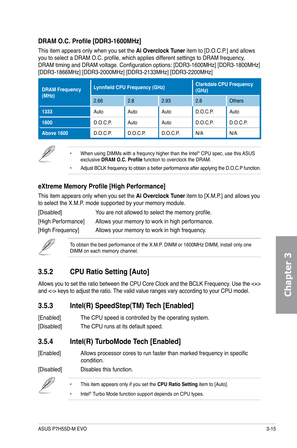 2 cpu ratio setting [auto, 3 intel(r) speedstep(tm) tech [enabled, 4 intel(r) turbomode tech [enabled | Cpu ratio setting -15, Intel(r) speedstep(tm) tech -15, Intel(r) turbomode tech -15, Chapter 3 | Asus P7H55D-M EVO User Manual | Page 71 / 106