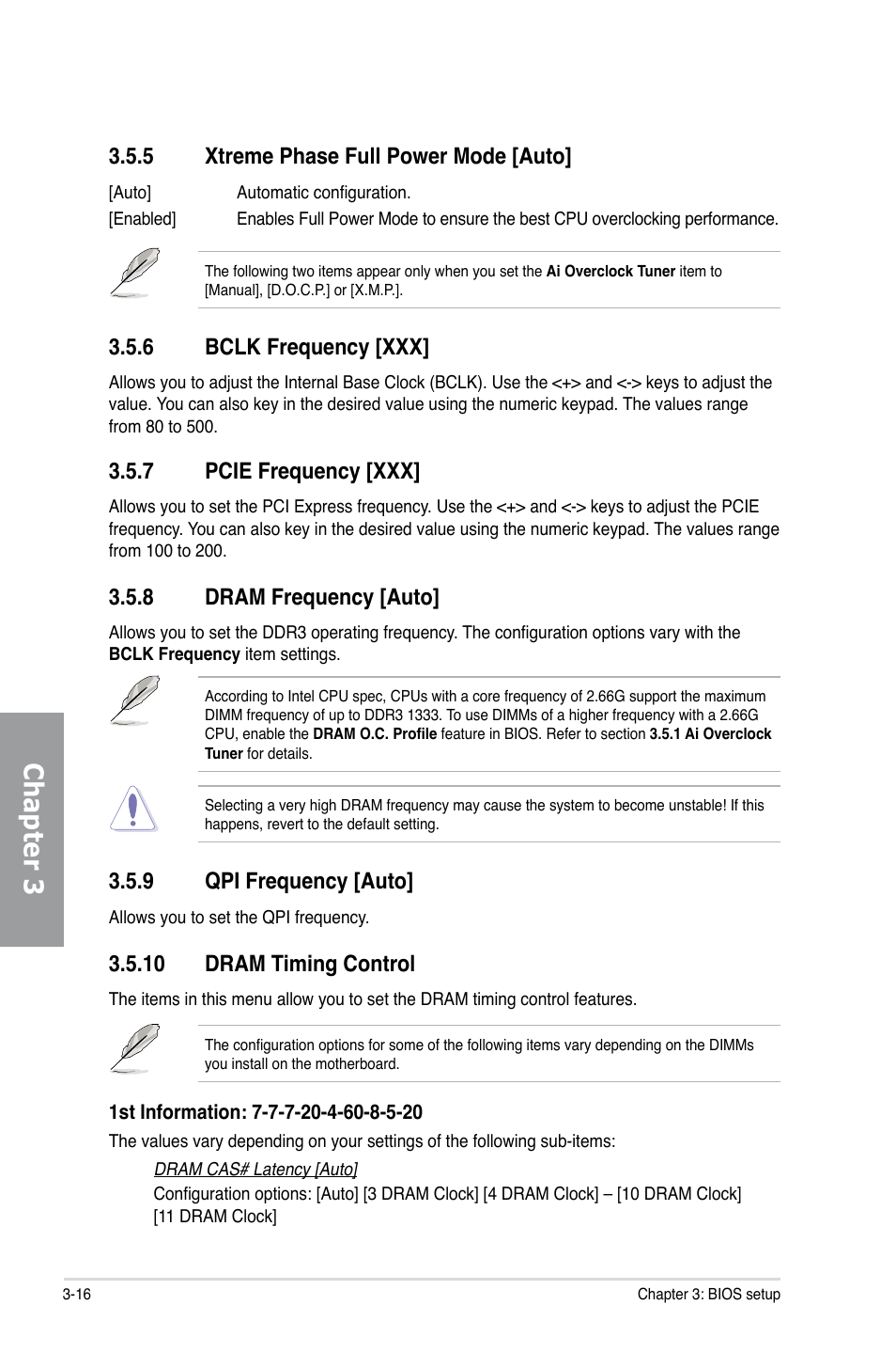 8 dram frequency [auto, 9 qpi frequency [auto, 10 dram timing control | 5 xtreme phase full power mode [auto, 6 bclk frequency [xxx, 7 pcie frequency [xxx, Dram frequency -16, Qpi frequency -16, Dram timing control -16, Xtreme phase full power mode -16 | Asus P7H55D-M EVO User Manual | Page 72 / 106