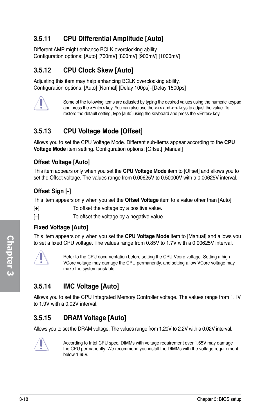 11 cpu differential amplitude [auto, 12 cpu clock skew [auto, 13 cpu voltage mode [offset | 14 imc voltage [auto, 15 dram voltage [auto, Cpu differential amplitude -18, Cpu clock skew -18, Cpu voltage mode -18, Imc voltage -18, Dram voltage -18 | Asus P7H55D-M EVO User Manual | Page 74 / 106